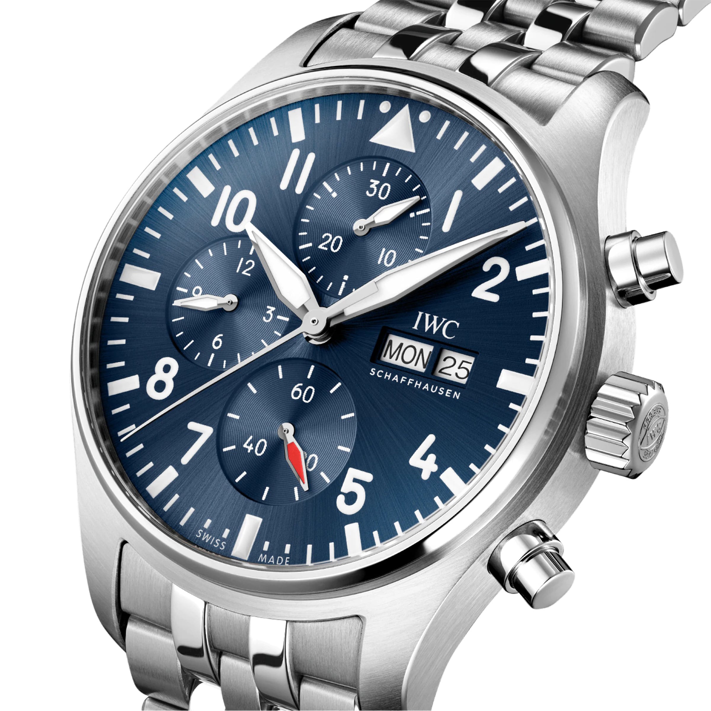 The IWC Schaffhausen Pilots Watch Chronograph features a 43mm stainless steel case, blue dial with three subdials, day-date display, white hands and markers, and a sleek metal bracelet.