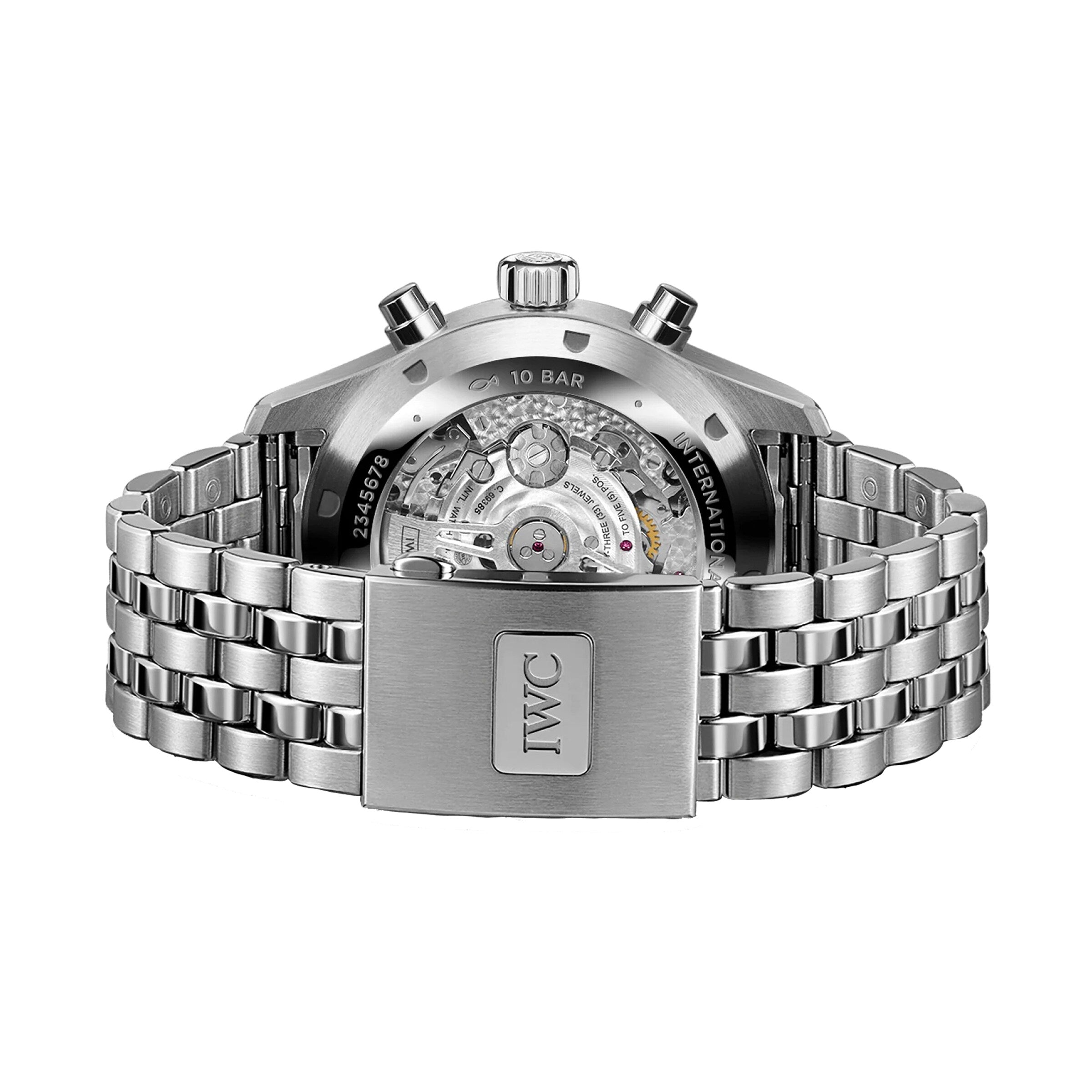 Back view of the IWC Schaffhausen Pilots Watch Chronograph with a silver stainless steel case, transparent case back revealing the mechanical movement, and an IWC-engraved clasp.