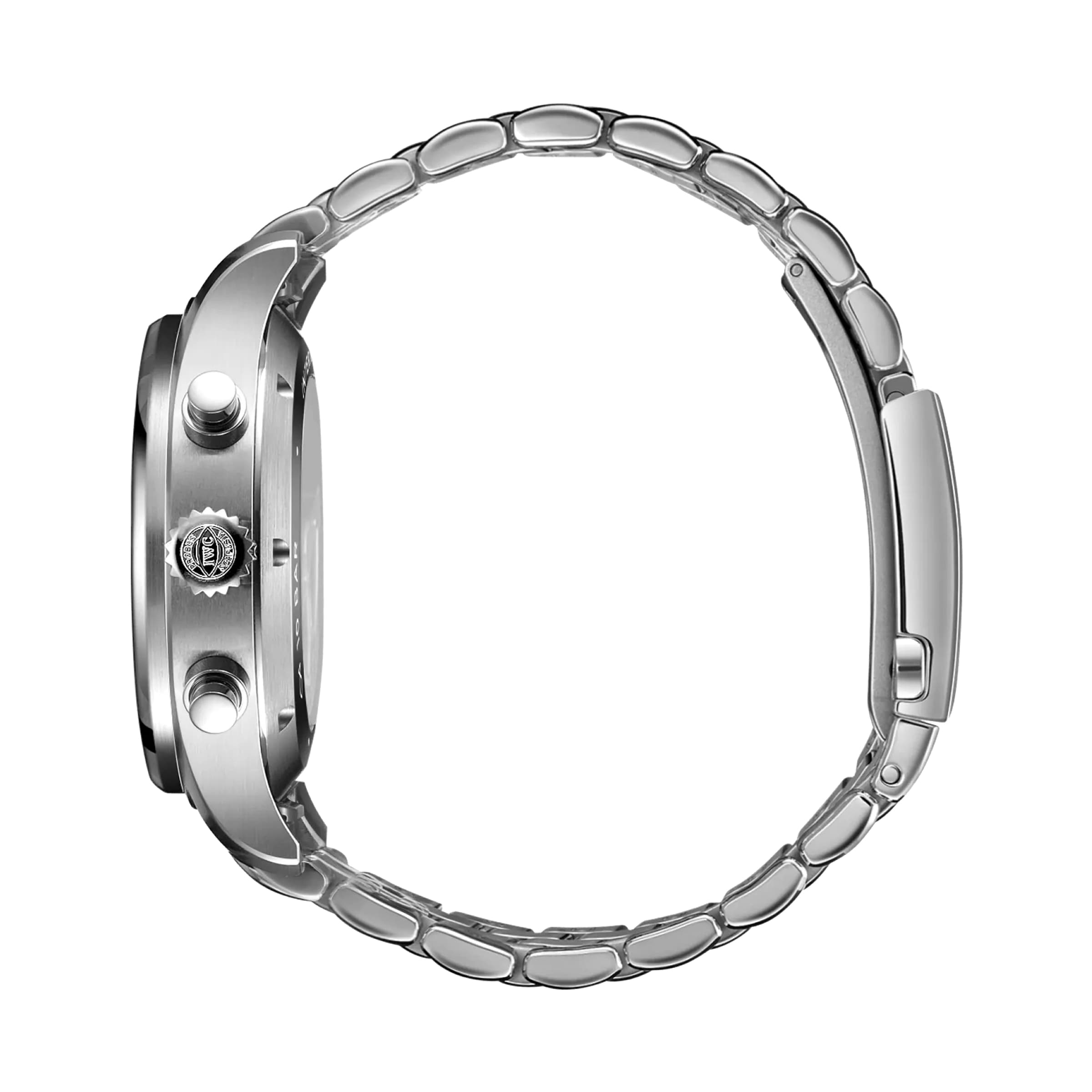 Side view of the IWC Schaffhausen Pilots Watch Chronograph, 43mm, showcasing a stainless steel case, metal link band, distinctive crown, and two push buttons on the case.