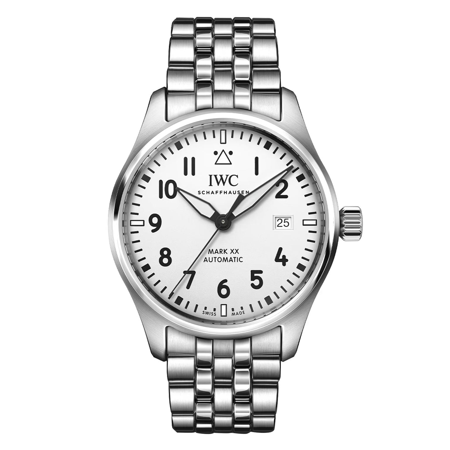 The IWC Schaffhausen Pilot’s Watch Mark XX features a silver case, white dial with black numerals, metal link band, and displays the time as 10:10.