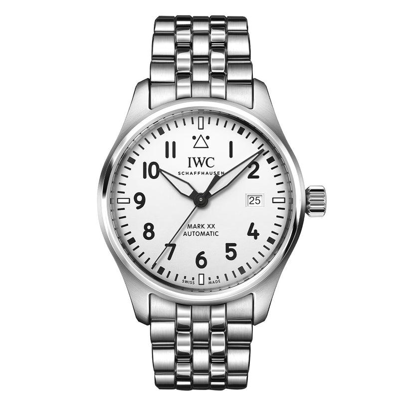 The IWC Schaffhausen Pilot’s Watch Mark XX features a silver case, white dial with black numerals, metal link band, and displays the time as 10:10.