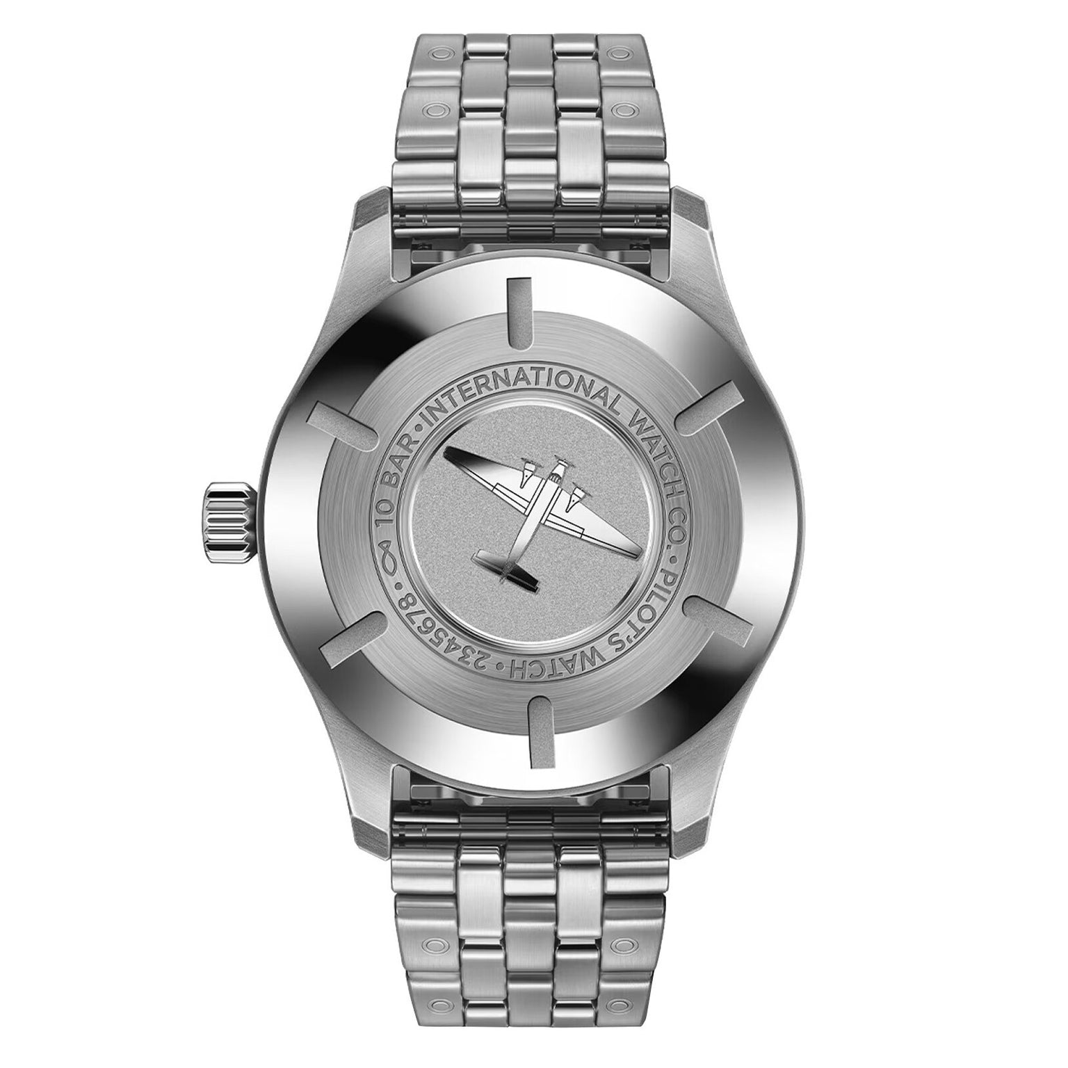 The IWC Schaffhausen Pilot’s Watch Mark XX is shown from the back, revealing engraved text and a metal link band.