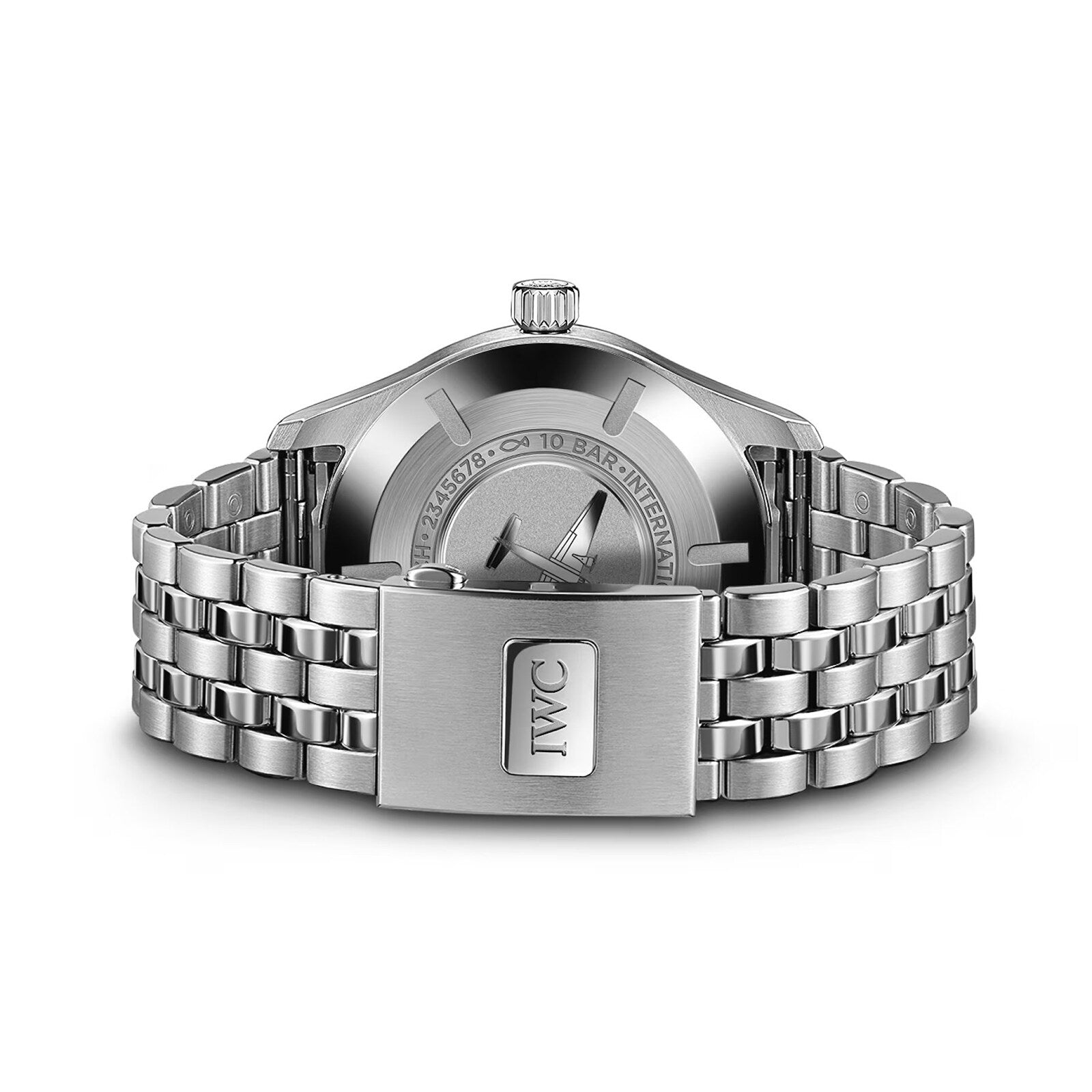 The IWC Schaffhausen Pilot’s Watch Mark XX wristwatch is shown from the back, highlighting its metal bracelet, clasp, and detailed case.