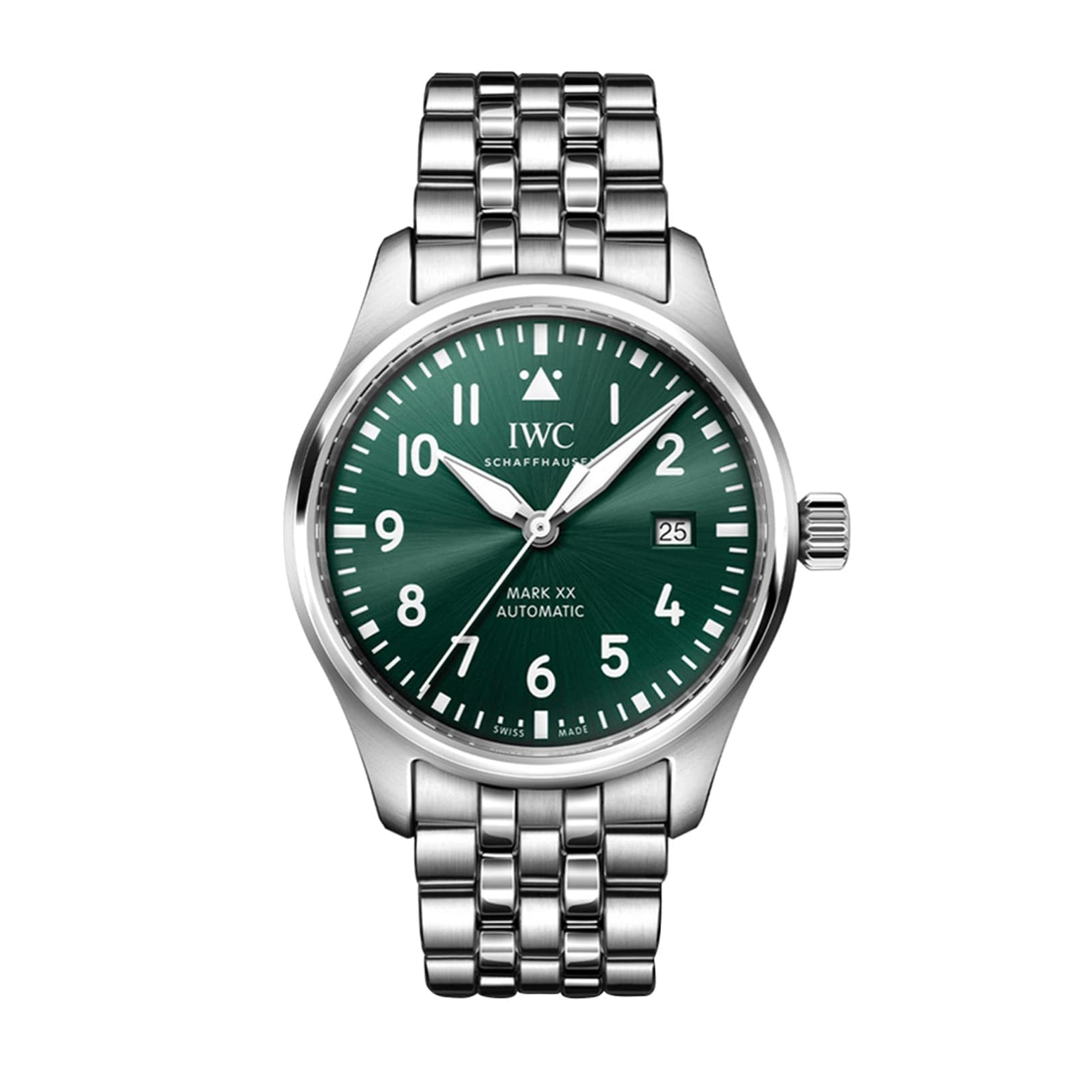 The IWC Schaffhausen Pilots Watch Mark XX is a stainless steel watch with a green dial, Arabic numerals, date display, and metal bracelet, powered by an IWC-manufactured automatic movement.