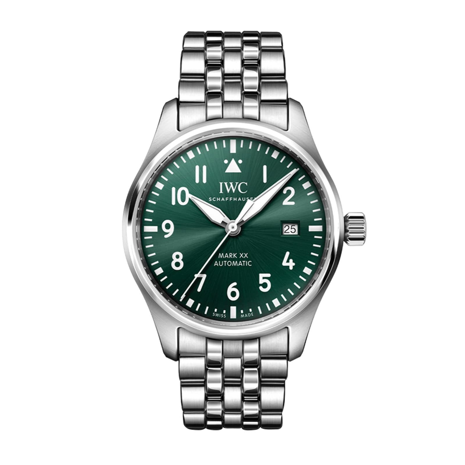 The IWC Schaffhausen Pilots Watch Mark XX is a stainless steel watch with a green dial, Arabic numerals, date display, and metal bracelet, powered by an IWC-manufactured automatic movement.