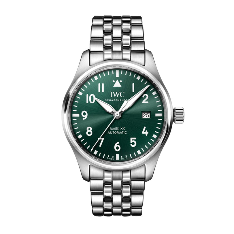 The IWC Schaffhausen Pilots Watch Mark XX is a stainless steel watch with a green dial, Arabic numerals, date display, and metal bracelet, powered by an IWC-manufactured automatic movement.