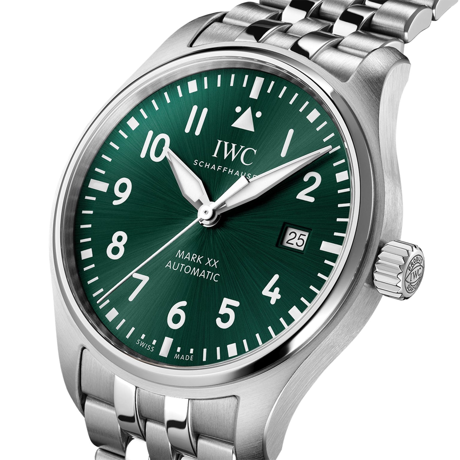 The IWC Schaffhausen Pilots Watch Mark XX is a stainless steel pilot’s watch with a green dial, white numerals, date at 3 o’clock, metal link bracelet, and an IWC-manufactured calibre movement.