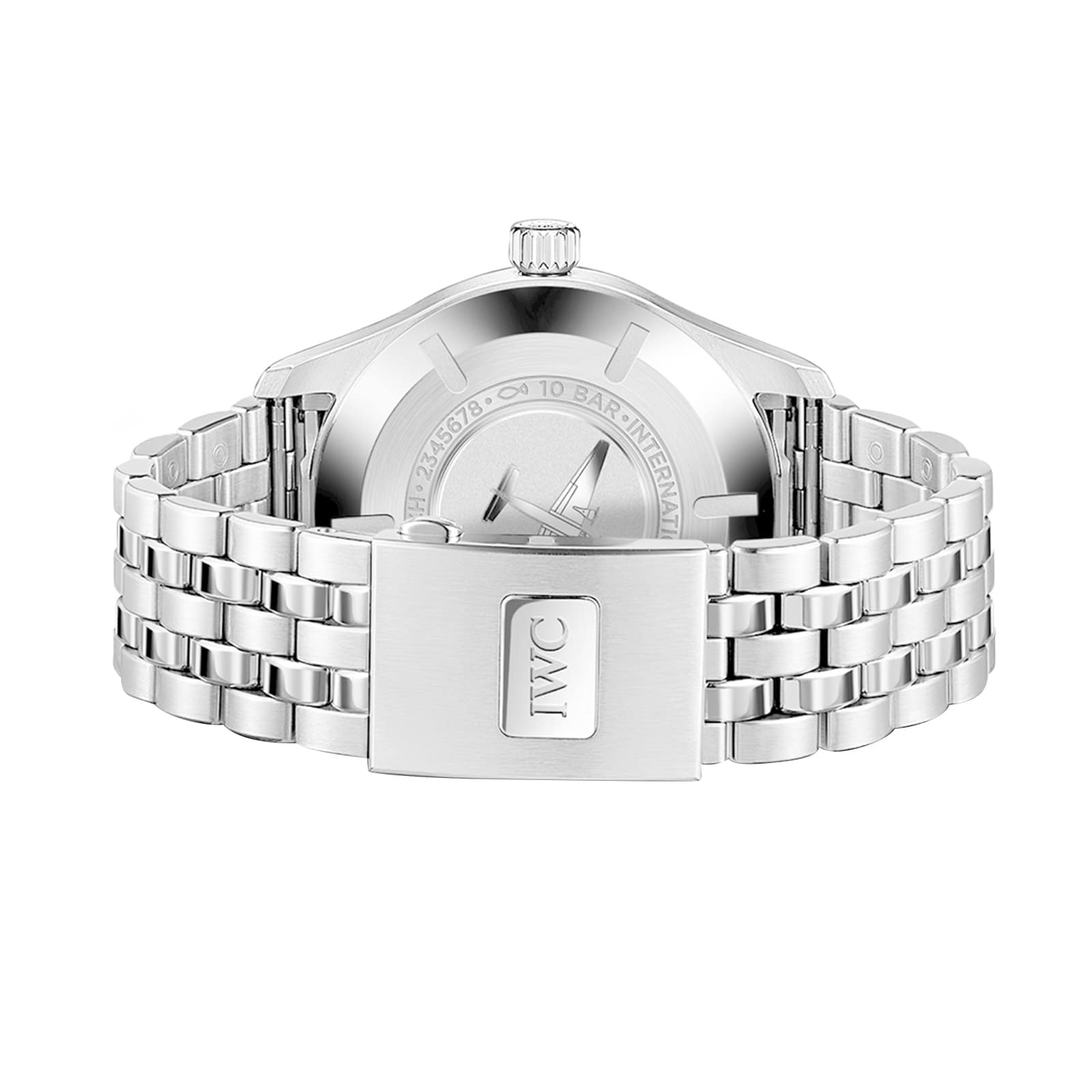 The back of the IWC Schaffhausen Pilots Watch Mark XX showcases its stainless steel bracelet with an engraved clasp—a refined detail highlighting this pilot’s watch with an IWC-manufactured calibre movement.