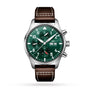 The IWC Schaffhausen Pilots Watch Chronograph features a green dial with three sub-dials, date and day display, white-stitched brown leather strap, and 43mm stainless steel case, photographed on a white background.