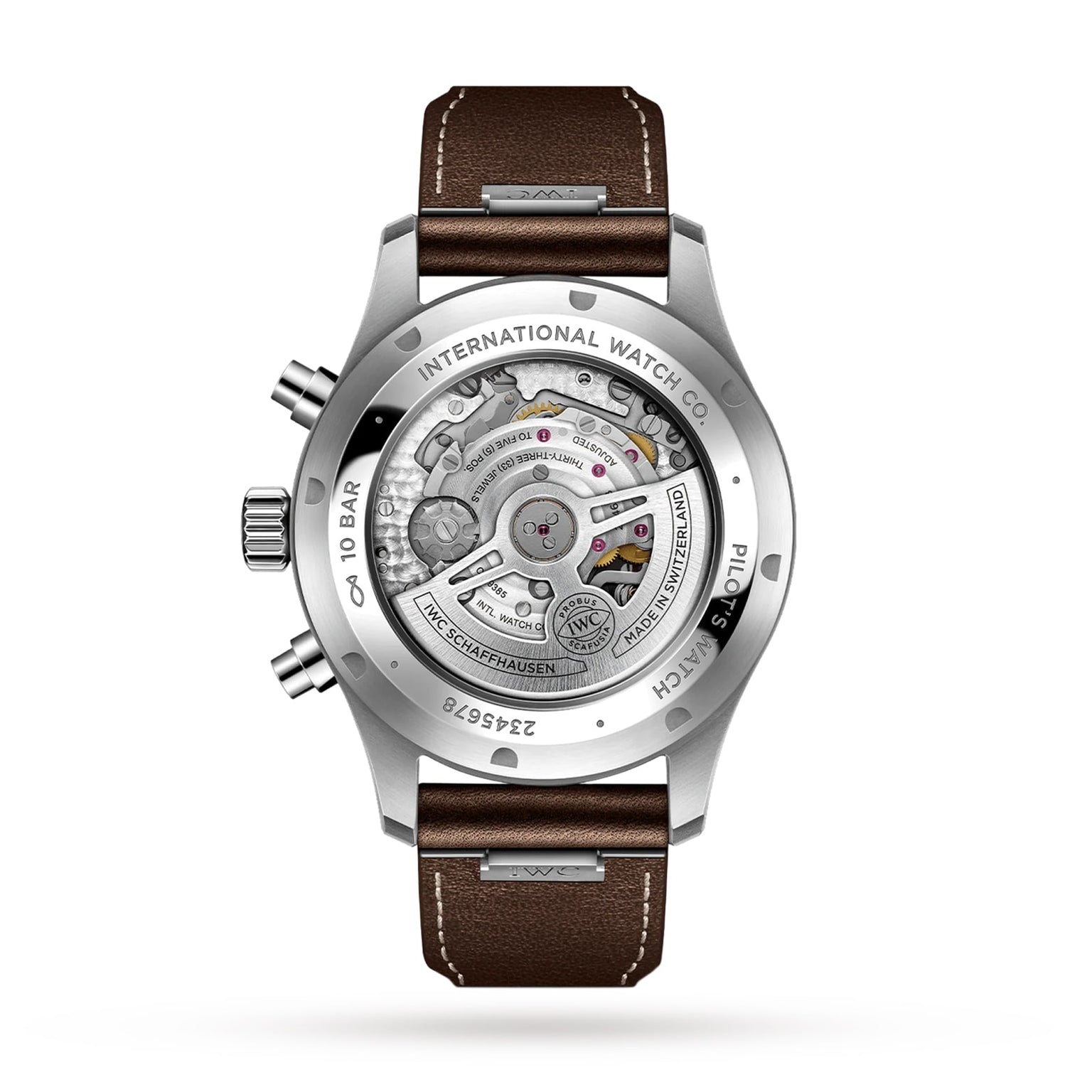 The IWC Schaffhausen Pilots Watch Chronograph features a 43mm stainless steel case, transparent back displaying its mechanical movement, brown leather strap, and classic silver casing—a signature of IWC pilot watches.