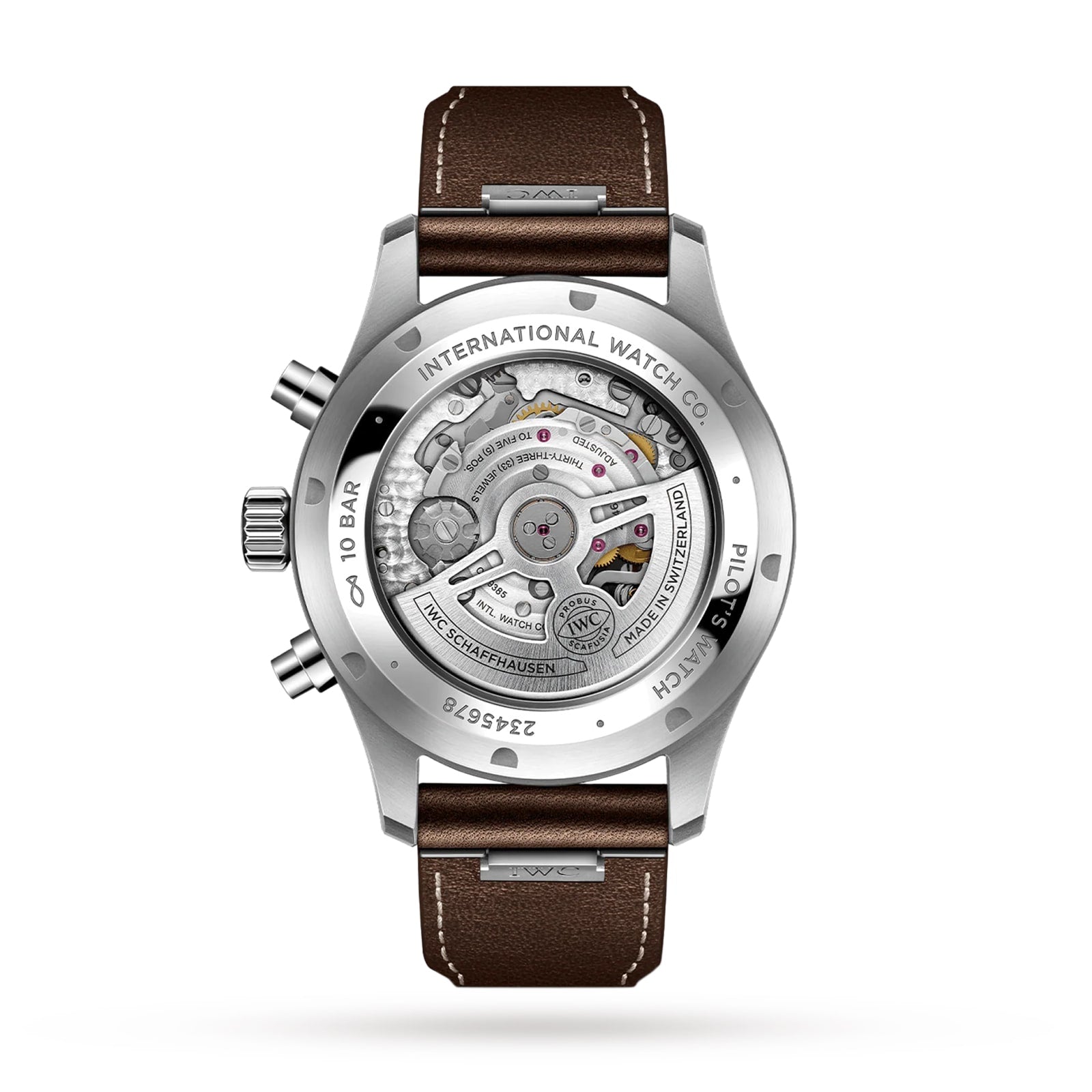 The IWC Schaffhausen Pilots Watch Chronograph features a 43mm stainless steel case, transparent back displaying its mechanical movement, brown leather strap, and classic silver casing—a signature of IWC pilot watches.