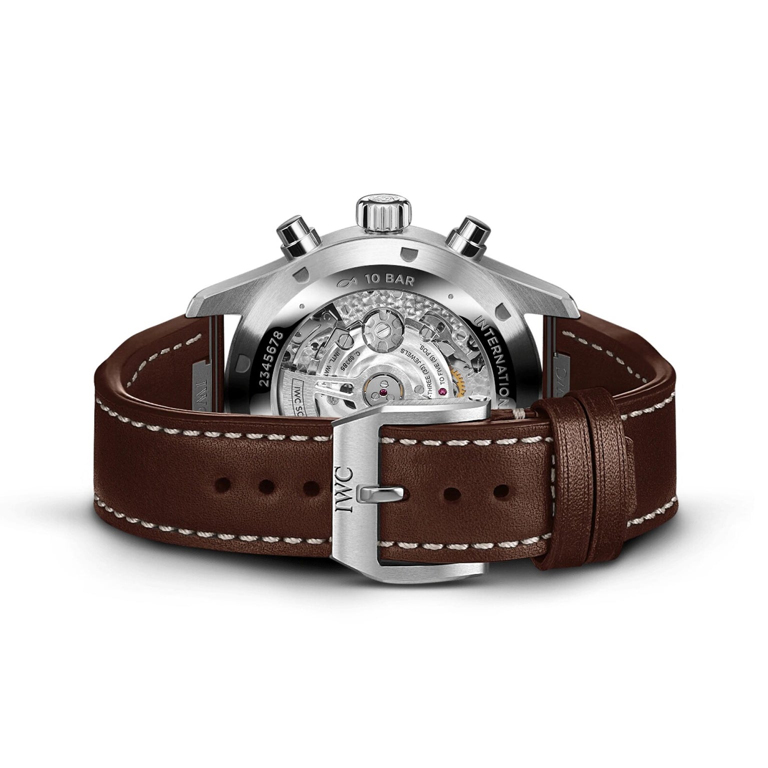 The IWC Schaffhausen Pilots Watch Chronograph features a brown leather strap, stainless steel case, and an exhibition case back showcasing its mechanical movement.