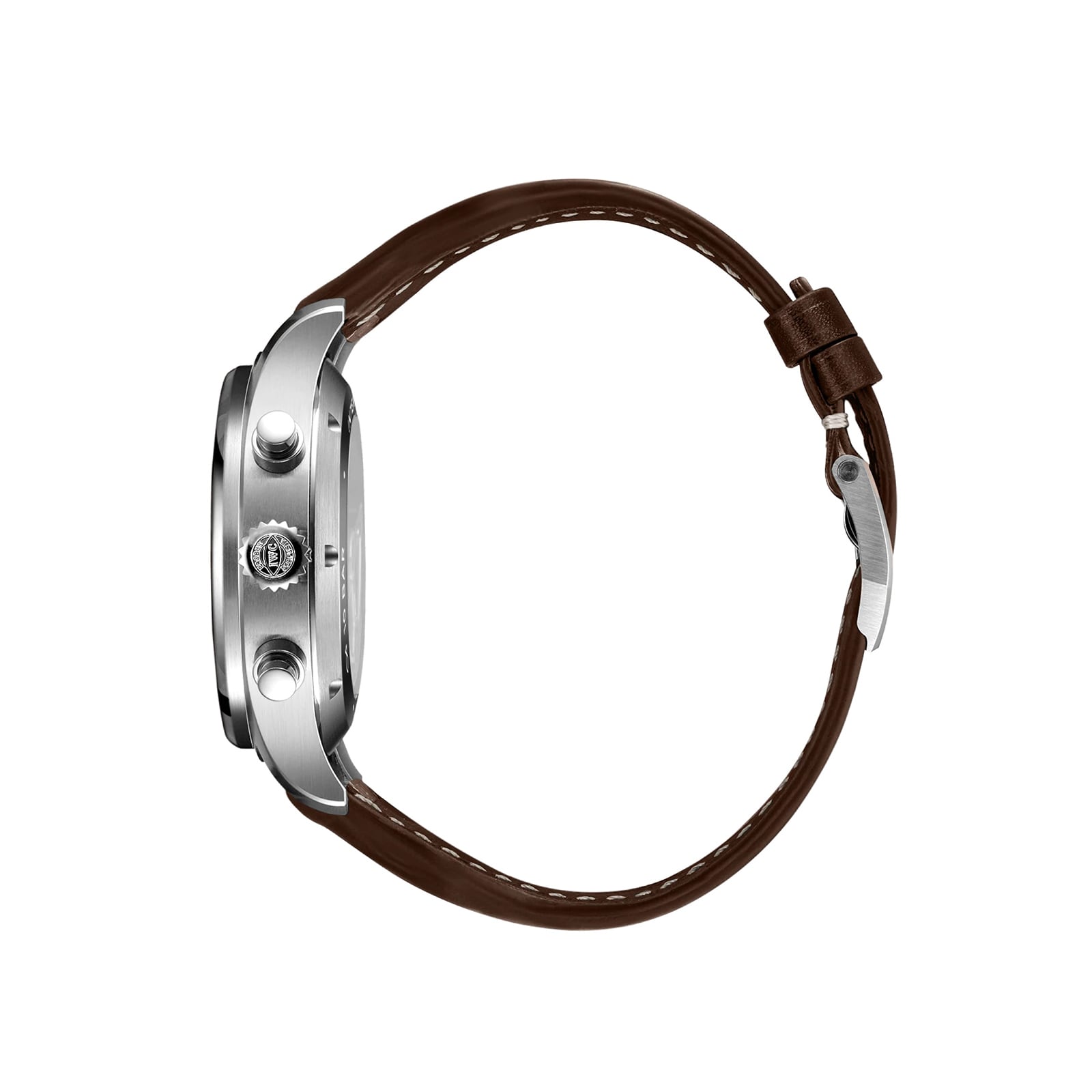 Side view of the IWC Schaffhausen Pilots Watch Chronograph with a 43mm stainless steel case, crown and two buttons, paired with a brown leather strap featuring white stitching, shown against a white background.