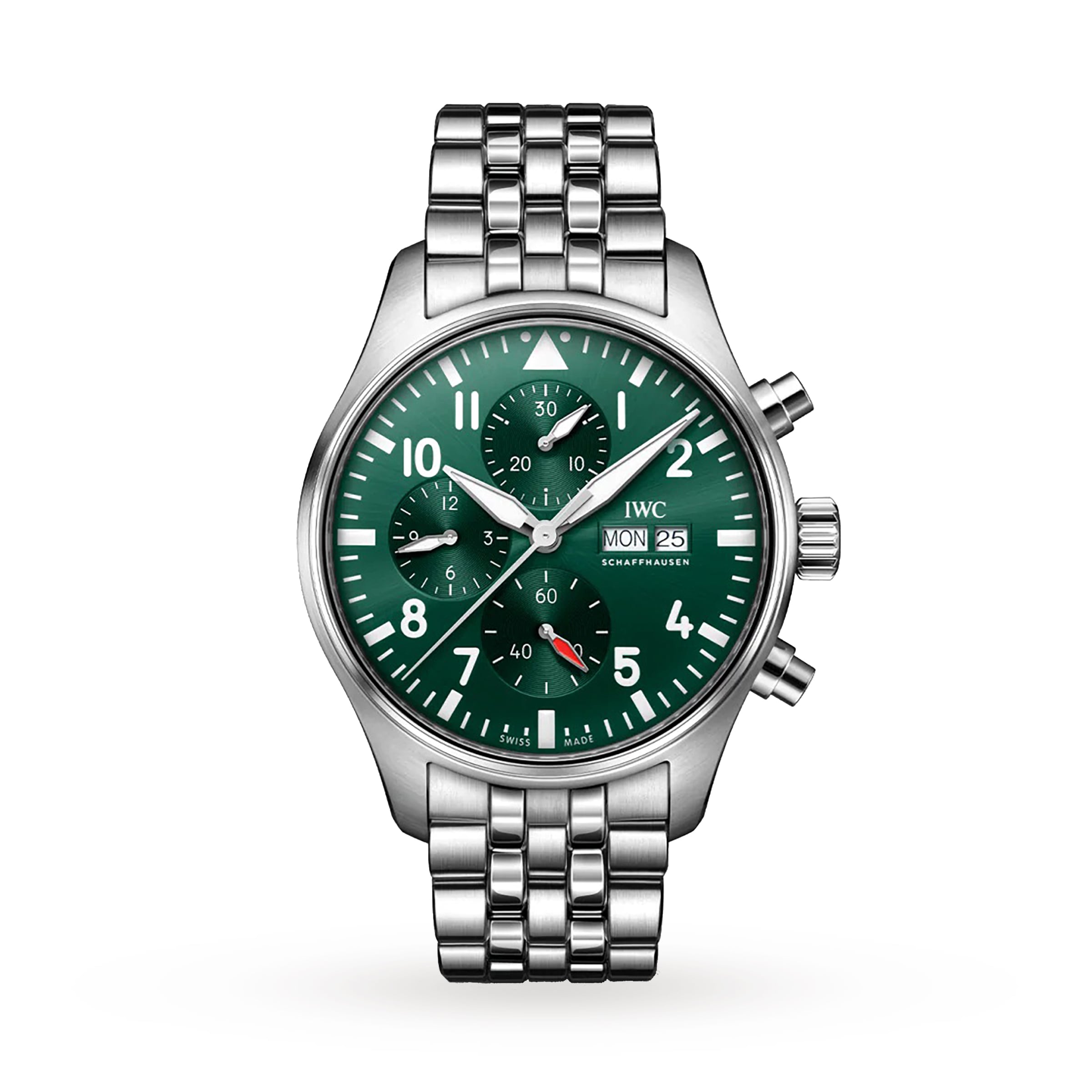 The IWC Schaffhausen Pilots Watch Chronograph features a stainless steel case, green dial with three subdials, day-date display, and linked metal bracelet, evoking classic pilot style against a clean white background.