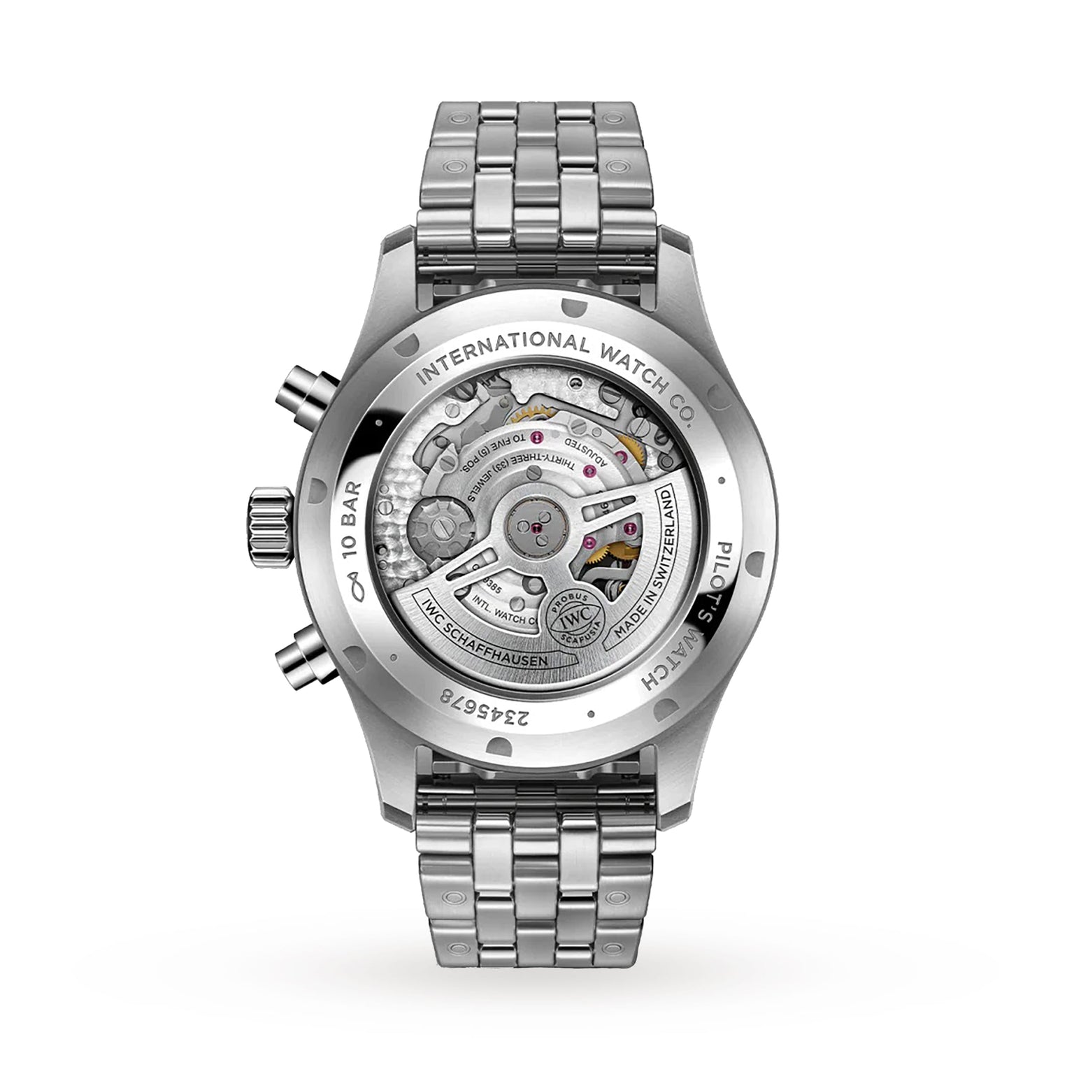 The image shows the back of the IWC Schaffhausen Pilot’s Watch Chronograph, featuring a stainless steel case with a transparent display revealing its mechanical movement and INTERNATIONAL WATCH CO engraved on the rim.