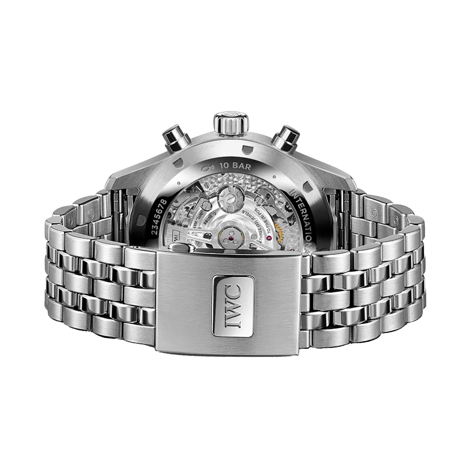 Back view of the IWC Schaffhausen Pilots Watch Chronograph showing its stainless steel case, exhibition case back revealing the movement, and an IWC logo engraved on the clasp.