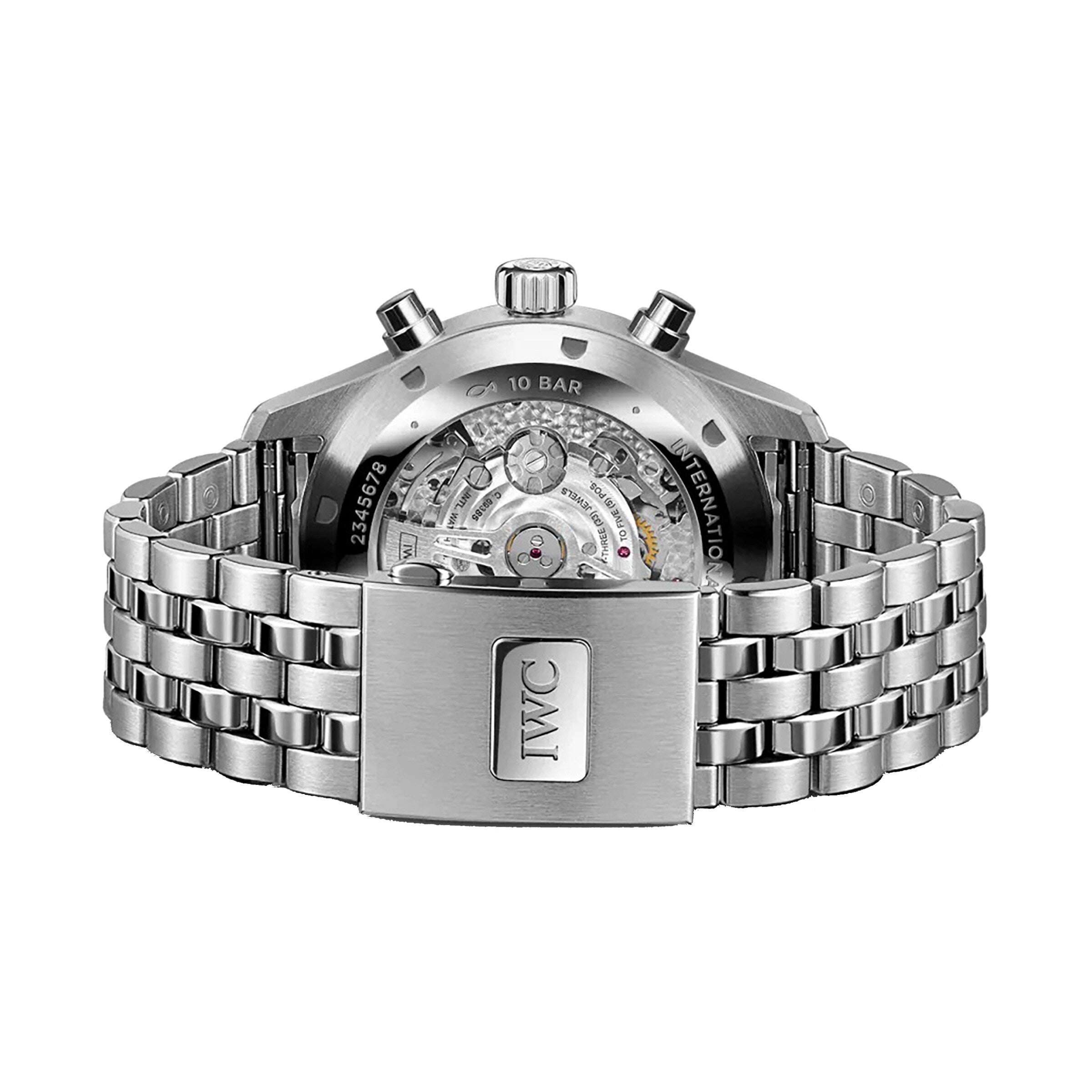 Back view of the IWC Schaffhausen Pilots Watch Chronograph showing its stainless steel case, exhibition case back revealing the movement, and an IWC logo engraved on the clasp.