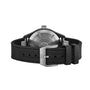 The IWC Schaffhausen Pilots Watch Automatic Top Gun features a black rubber strap and a stainless steel case back with engraved text and logo, shown here from the rear view.