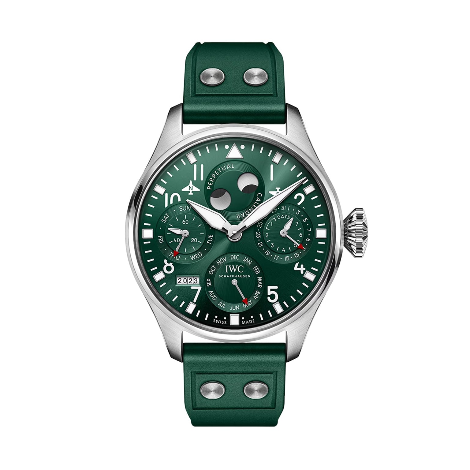 The IWC Schaffhausen Big Pilots Watch Perpetual Calendar features a green dial, stainless steel case, perpetual calendar with day, date, month, year indicators, moon phase display, and a green leather strap.