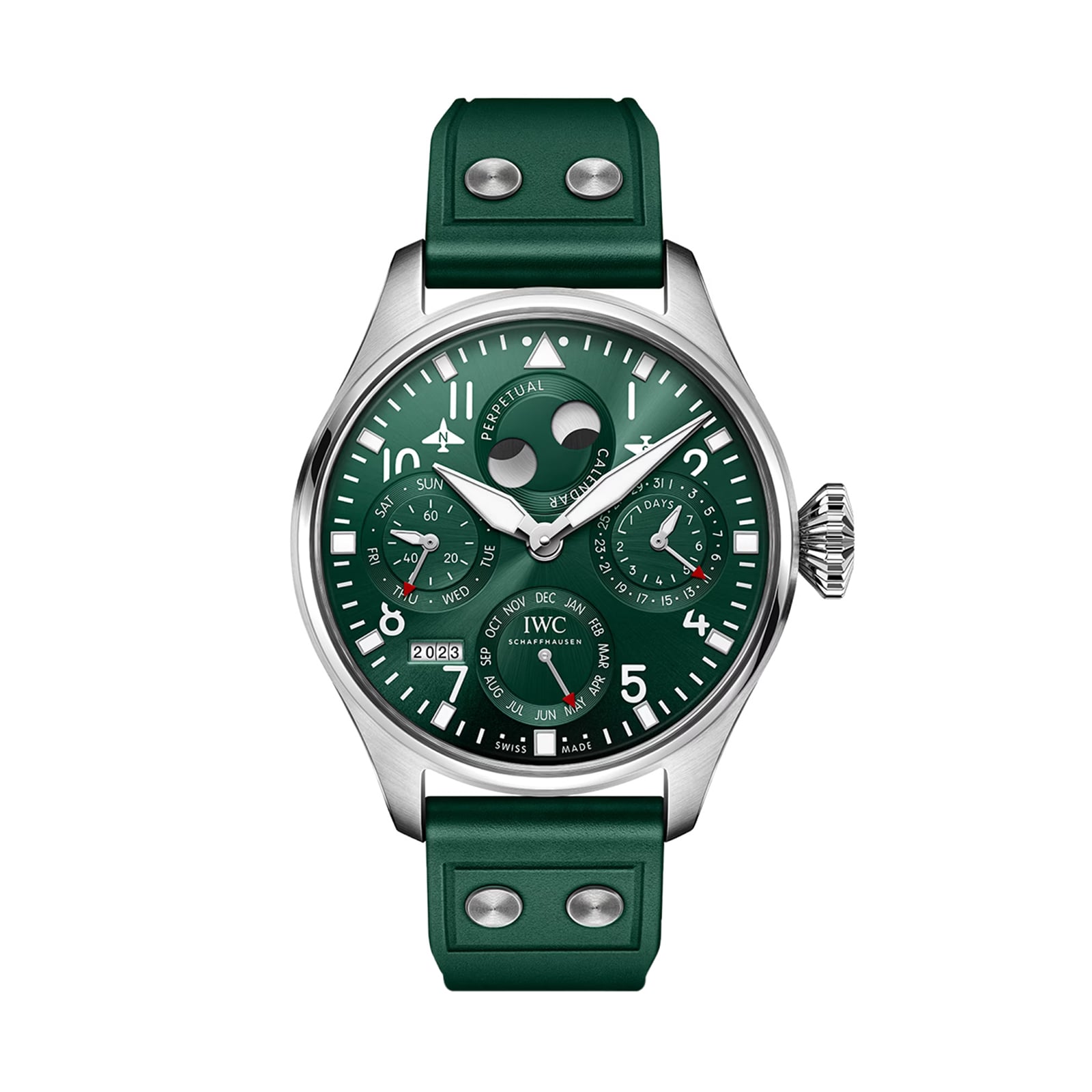 The IWC Schaffhausen Big Pilots Watch Perpetual Calendar features a green dial, stainless steel case, perpetual calendar with day, date, month, year indicators, moon phase display, and a green leather strap.