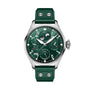 The IWC Schaffhausen Big Pilots Watch Perpetual Calendar features a green dial, stainless steel case, perpetual calendar with day, date, month, year indicators, moon phase display, and a green leather strap.