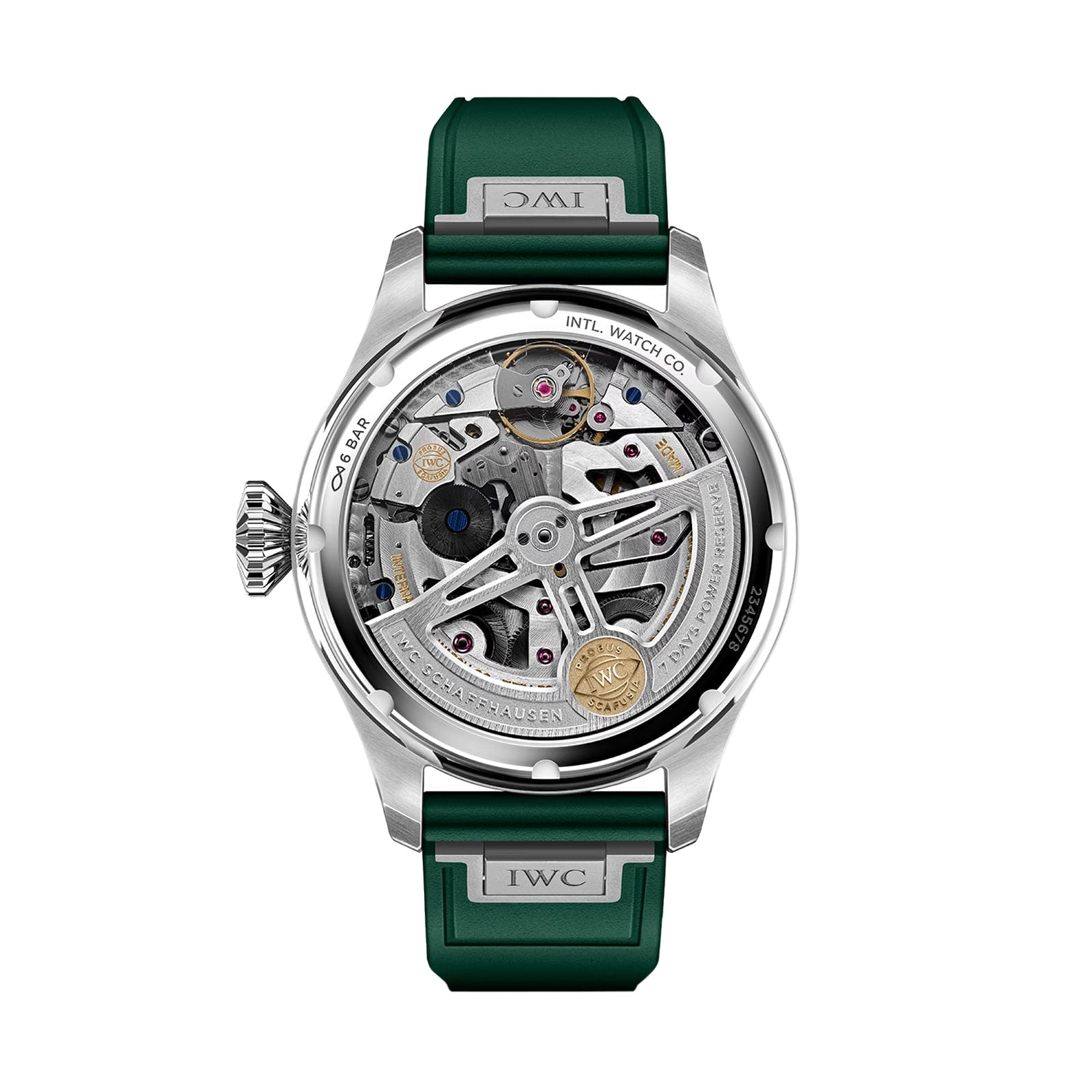 A close-up of the Big Pilots Watch Perpetual Calendar by IWC Schaffhausen, featuring a transparent case back that reveals its intricate mechanical movement and a striking green strap.