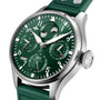 The IWC Schaffhausen Big Pilots Watch Perpetual Calendar features a stainless steel case, green dial, moon phase, full calendar display, IWC 52616 calibre movement, and a matching green rubber strap.