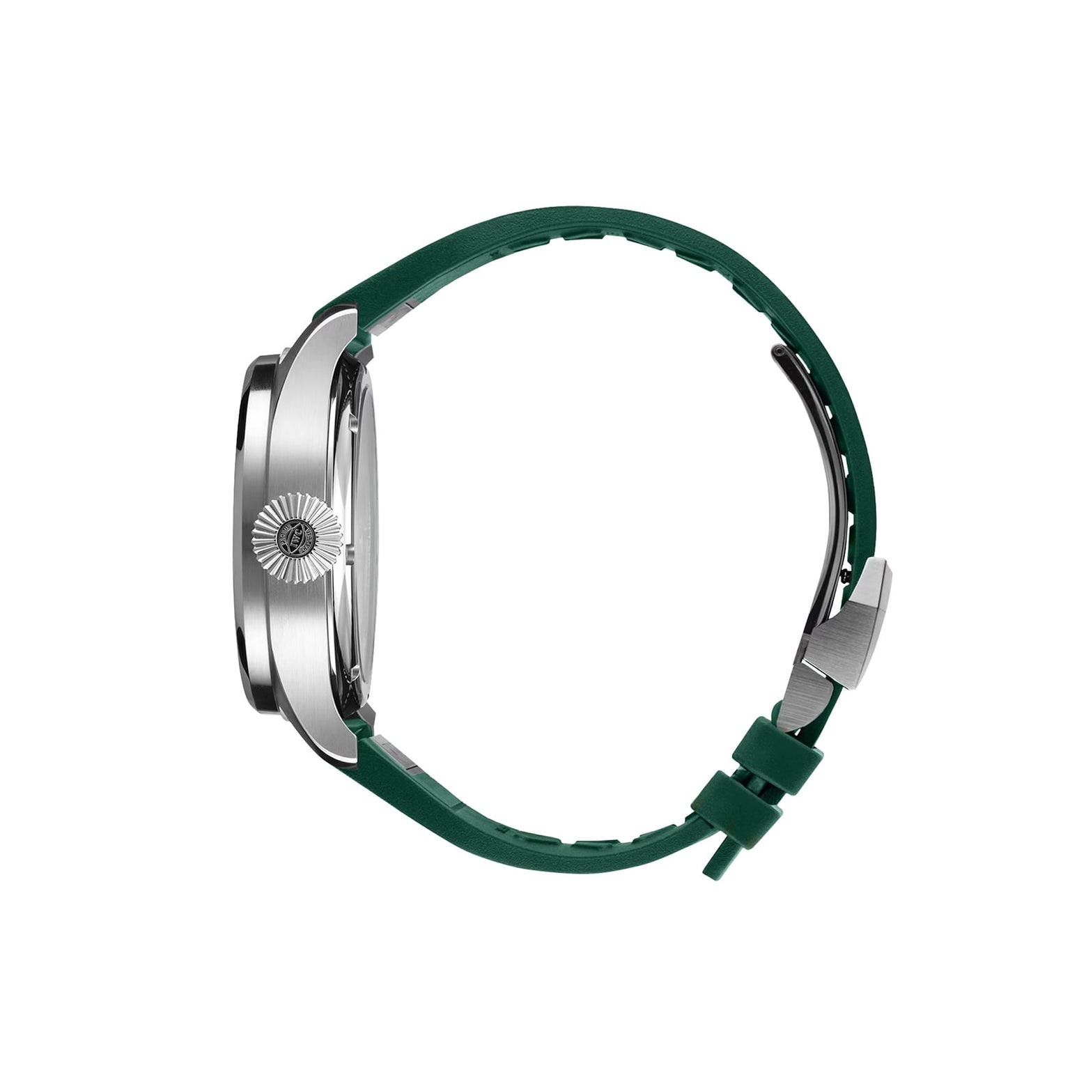 Side view of the IWC Schaffhausen Big Pilots Watch Perpetual Calendar with a green strap and silver case, showcasing the crown and clasp on a white background—powered by the IWC-manufactured 52616 calibre.