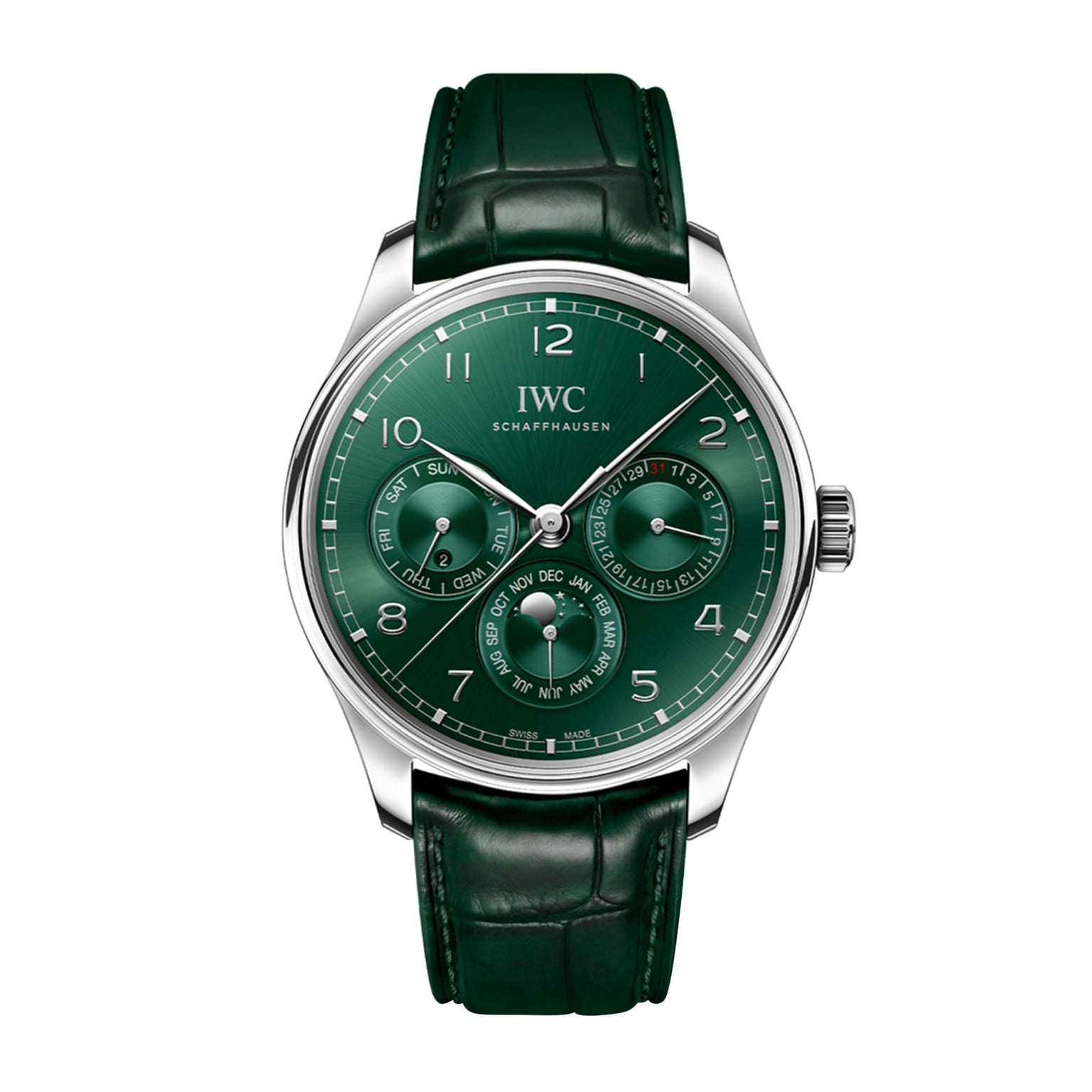 The IWC Schaffhausen Portugieser Perpetual Calendar 42 features a silver case, green leather strap, and multiple subdials displaying day, date, month, and power reserve—an elegant example of Haute Horlogerie.