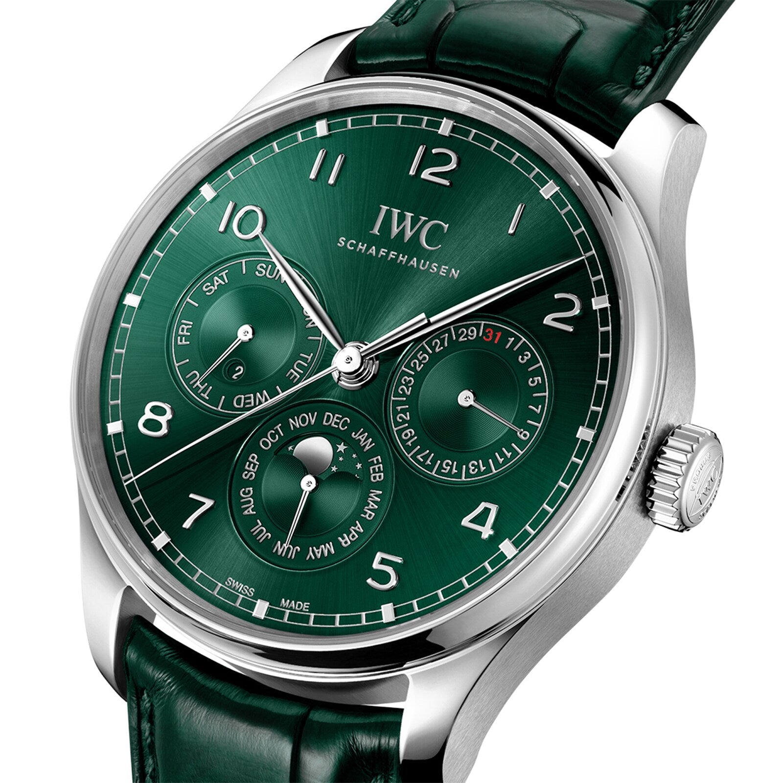 Close-up of the IWC Schaffhausen Portugieser Perpetual Calendar 42, showcasing Perpetual Calendar subdials for date, day, and month on a stainless steel case with a green leather strap—a tribute to Haute Horlogerie.