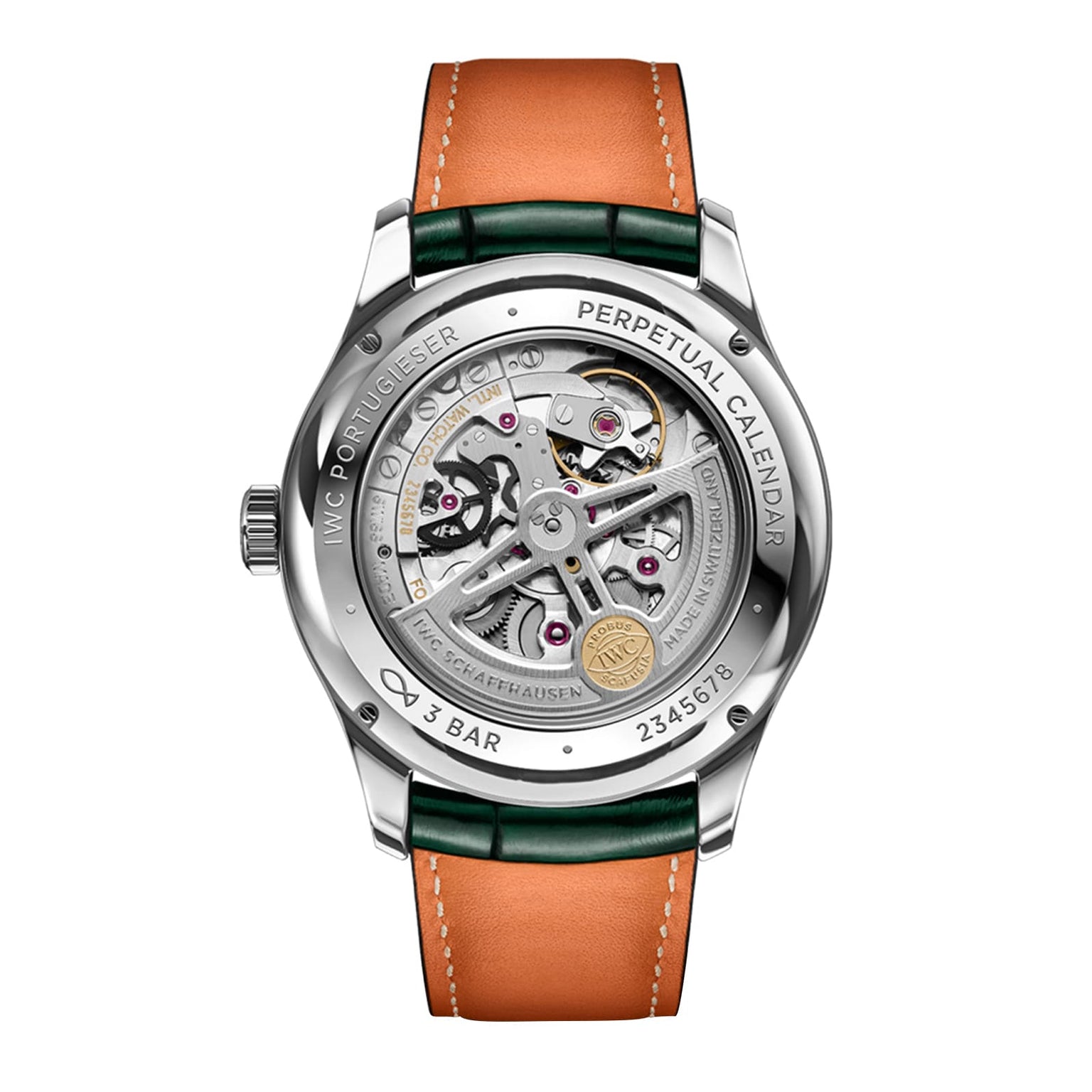 Back view of the IWC Schaffhausen Portugieser Perpetual Calendar 42, featuring its exposed mechanical movement, intricate engravings, and a brown leather strap with green-edged accents.
