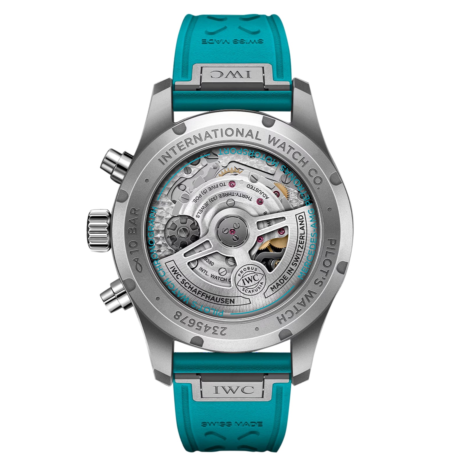 The back of the IWC Schaffhausen Pilots Watch Chronograph 41 Edition Mercedes-AMG PETRONAS Formula One™ Team reveals its mechanical movement inscribed “International Watch Co,” paired with a turquoise rubber strap.