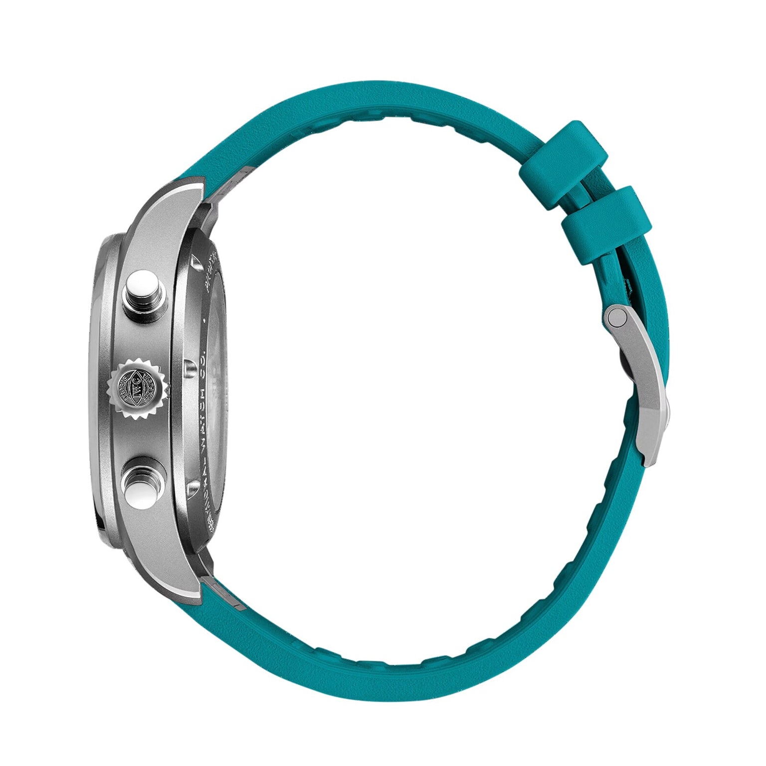 Side view of the IWC Schaffhausen Pilots Watch Chronograph 41 Edition Mercedes-AMG PETRONAS Formula One™ Team with a silver case, two pushers, crown, teal silicone strap, and metal buckle—evoking the classic Pilots Watches style.