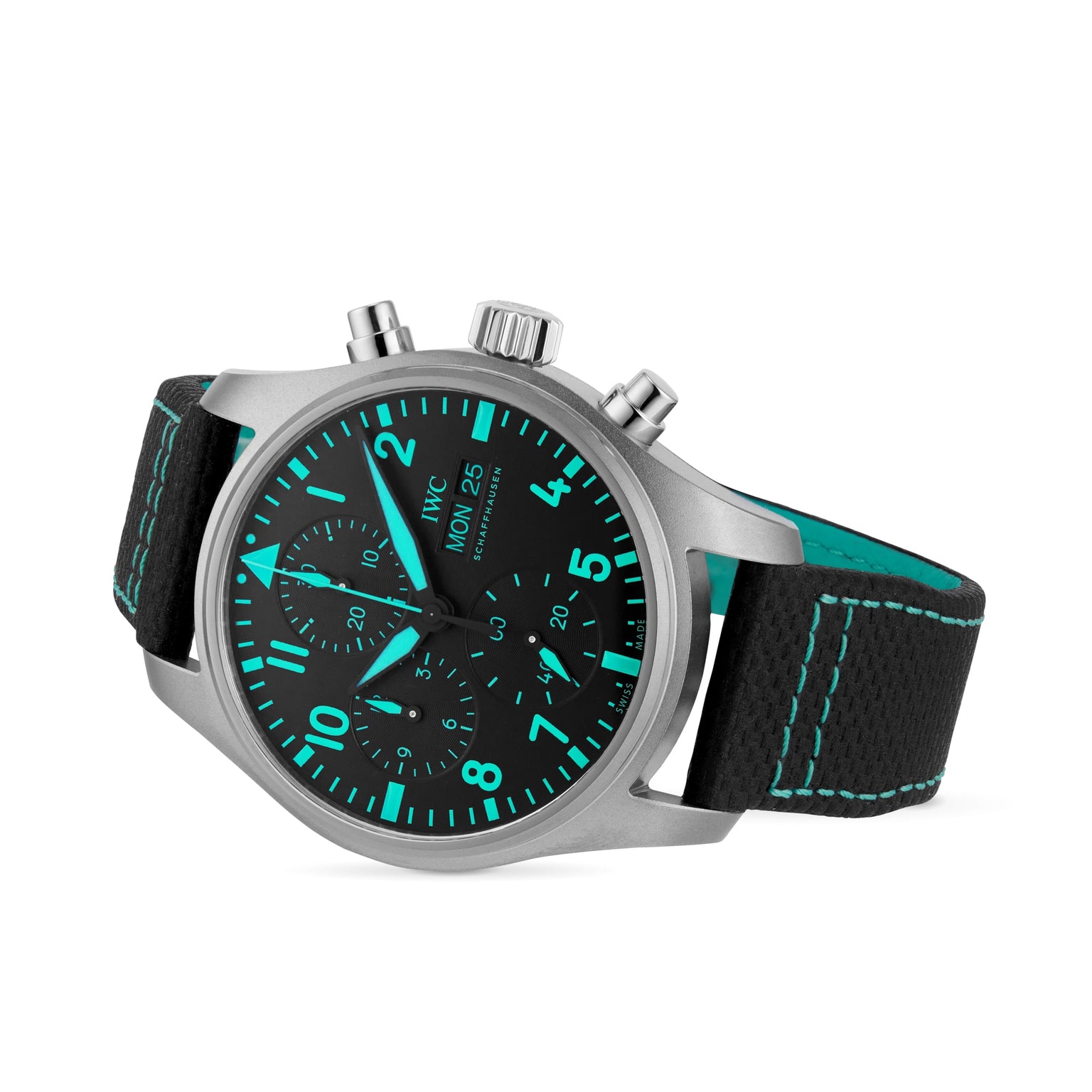 Inspired by IWC Schaffhausen’s Pilots Watch Chronograph 41 Edition Mercedes-AMG PETRONAS Formula One™ Team, this black watch features a black dial with teal luminescent hands, three subdials, day-date display, and a black strap with teal stitching.
