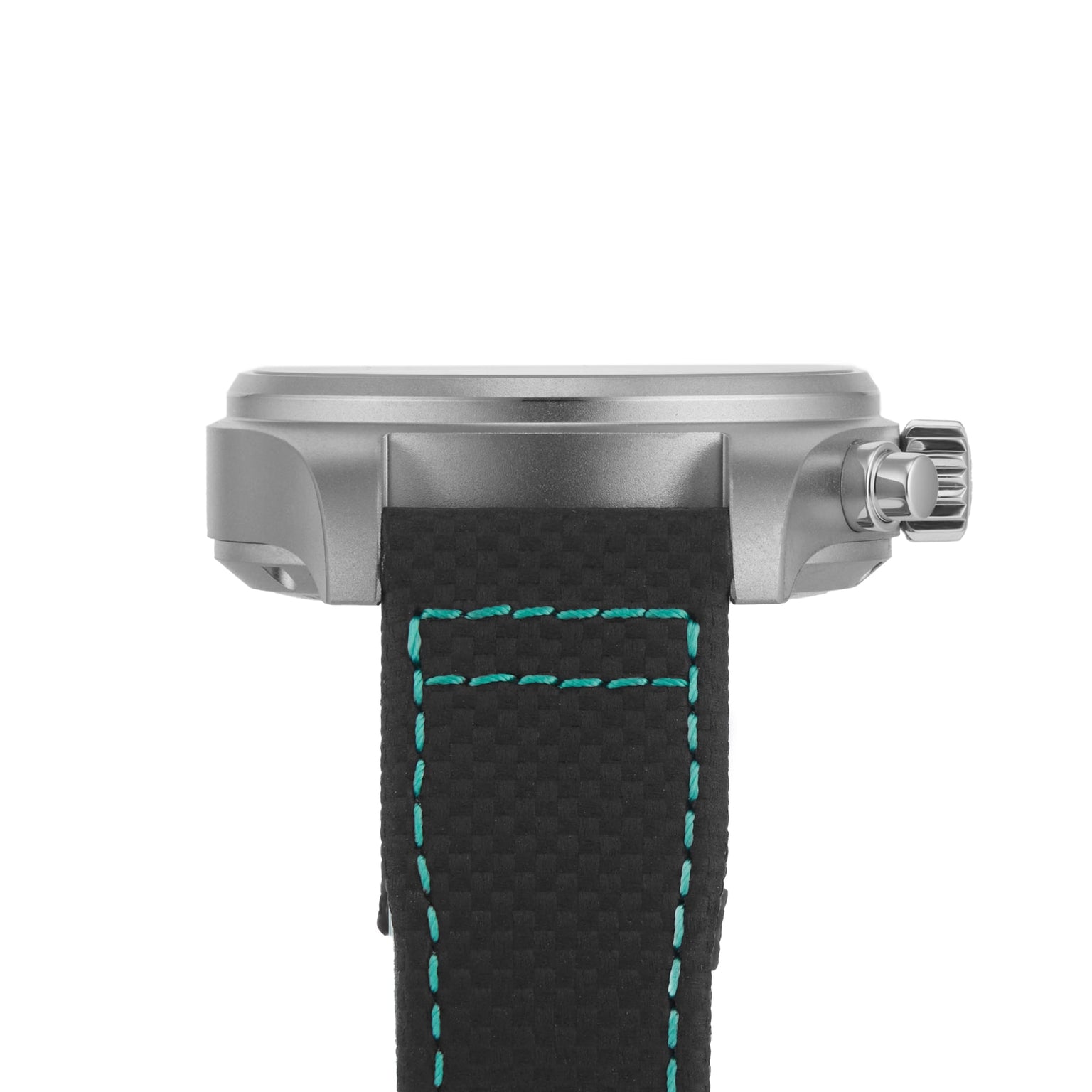 Side view of the IWC Schaffhausen Pilots Watch Chronograph 41 Edition Mercedes-AMG PETRONAS Formula One™ Team case with a black strap and light blue stitching, highlighting the crown and watchbody inspired by the F1 team.