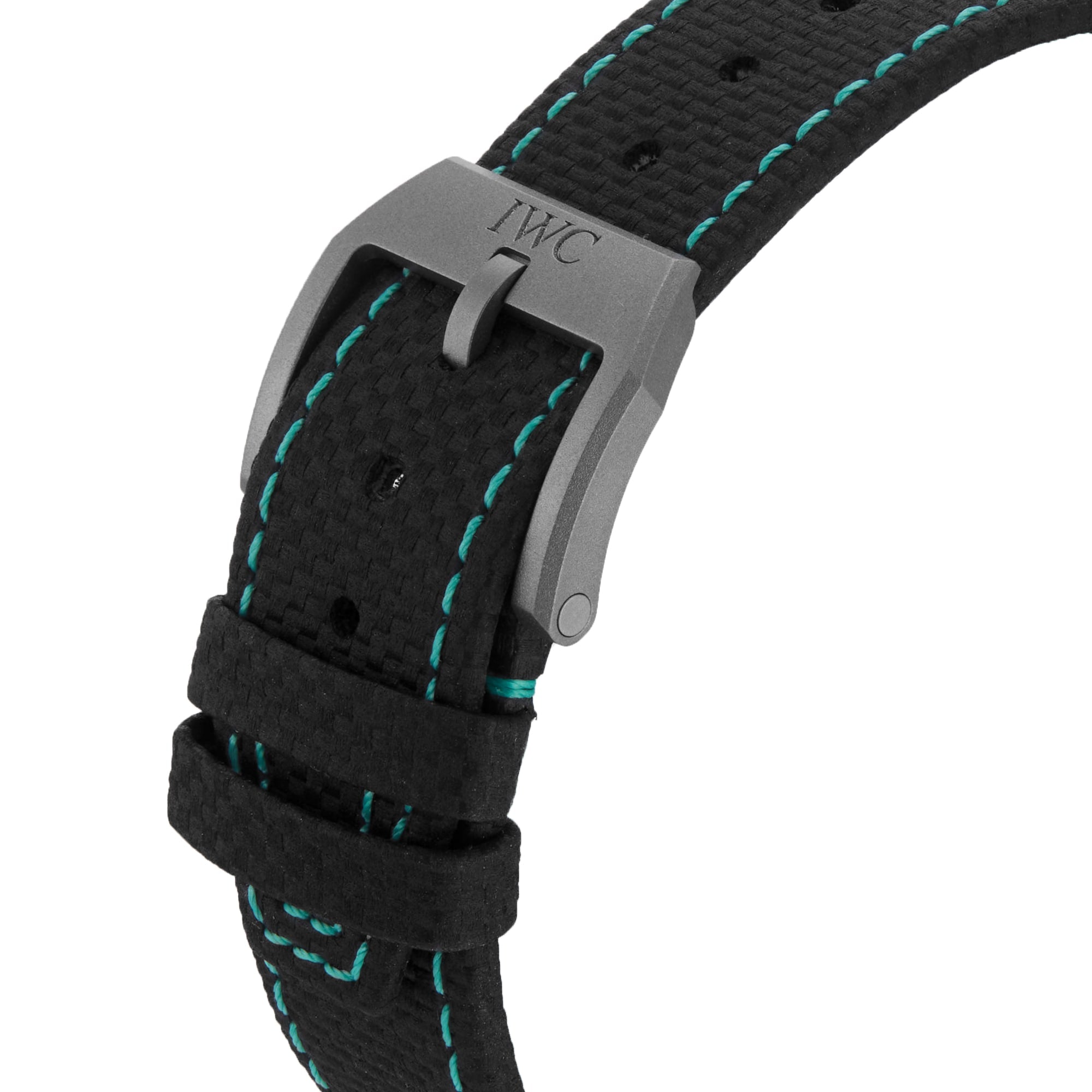 Close-up of a black textured watch strap with teal stitching and a silver buckle engraved with IWC, inspired by the bold design of the IWC Schaffhausen Pilots Watch Chronograph 41 Edition Mercedes-AMG PETRONAS Formula One™ Team.