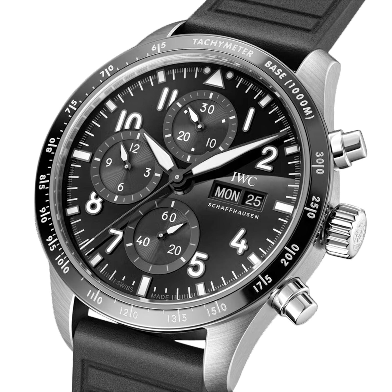 Close-up of the IWC Schaffhausen Pilots Watch Performance Chronograph 41 AMG, featuring a black dial with three subdials, sapphire glass, tachymeter scale, and black rubber strap. The automatic watch displays 10:08 on Monday the 25th.