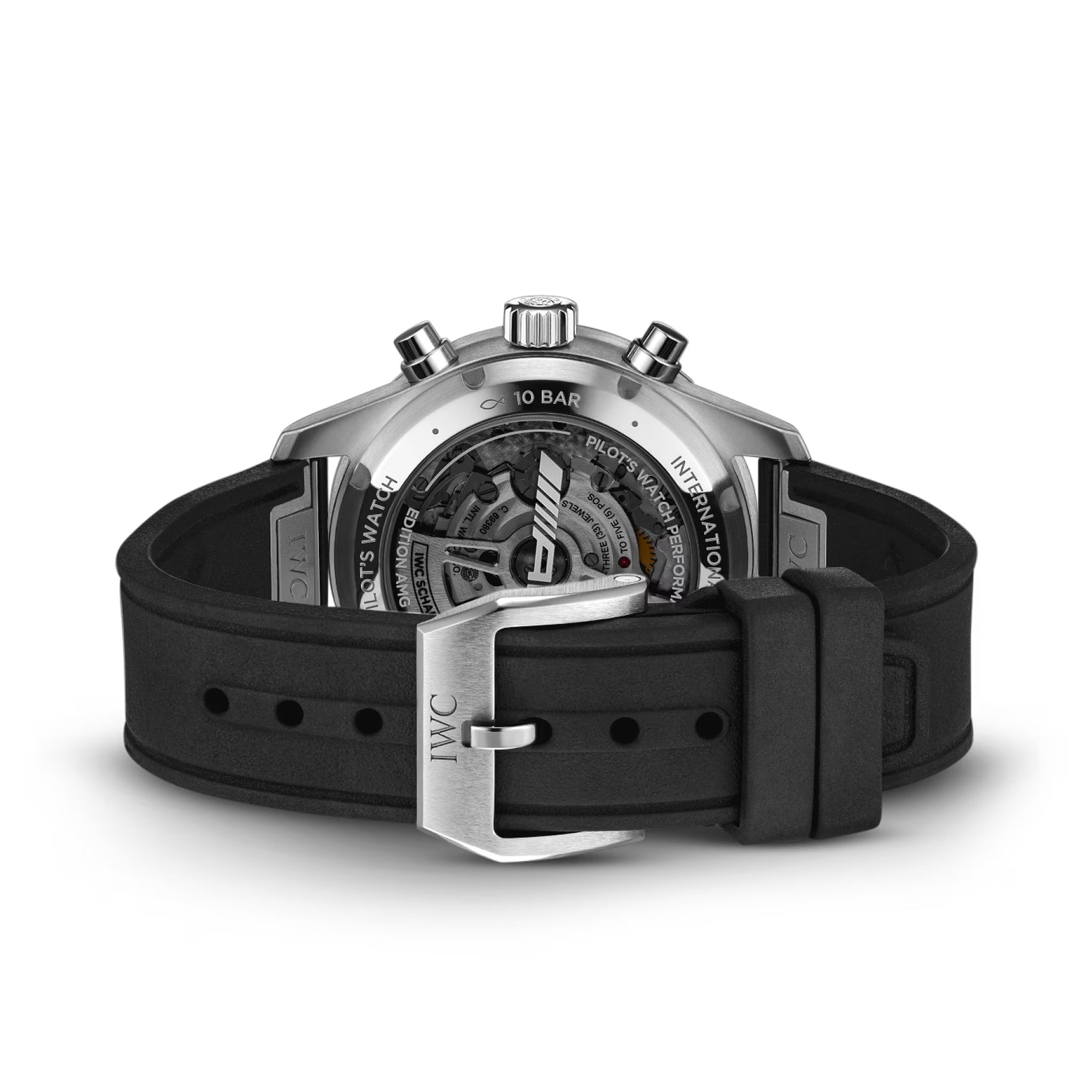 The back view of the IWC Schaffhausen Pilots Watch Performance Chronograph 41 AMG shows its automatic movement through sapphire glass, with a black rubber strap and a stainless steel buckle engraved with IWC.