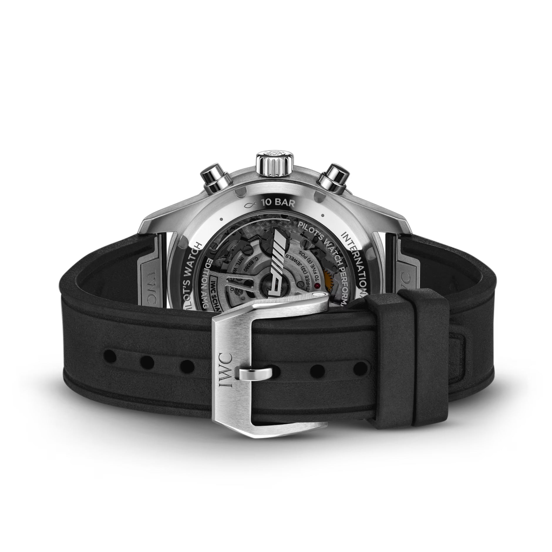 The back view of the IWC Schaffhausen Pilots Watch Performance Chronograph 41 AMG shows its automatic movement through sapphire glass, with a black rubber strap and a stainless steel buckle engraved with IWC.