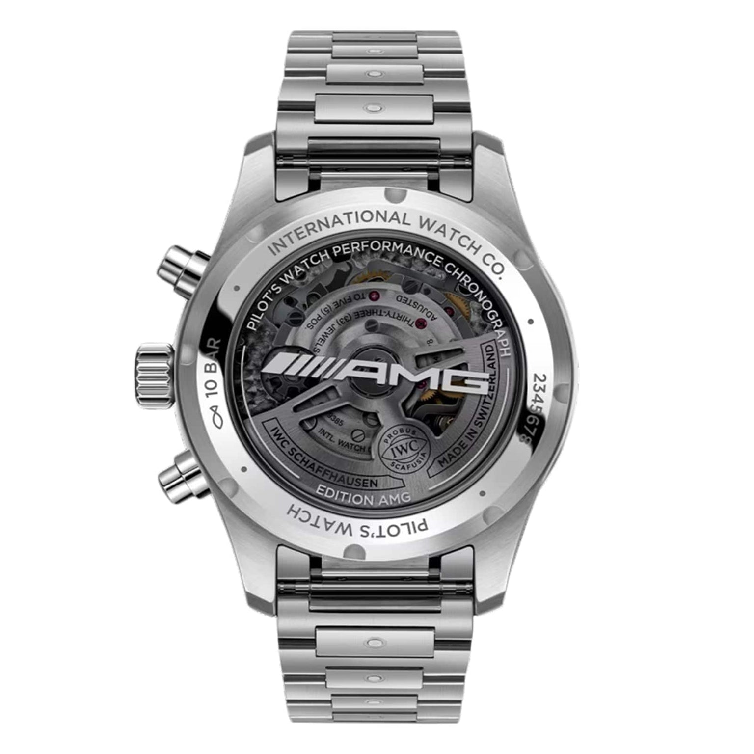 The IWC Schaffhausen Pilots Watch Performance Chronograph 41 AMG is a stainless steel watch with chronograph, sapphire glass, a transparent case back revealing its mechanics, and engraved AMG logo and International Watch Co. markings.