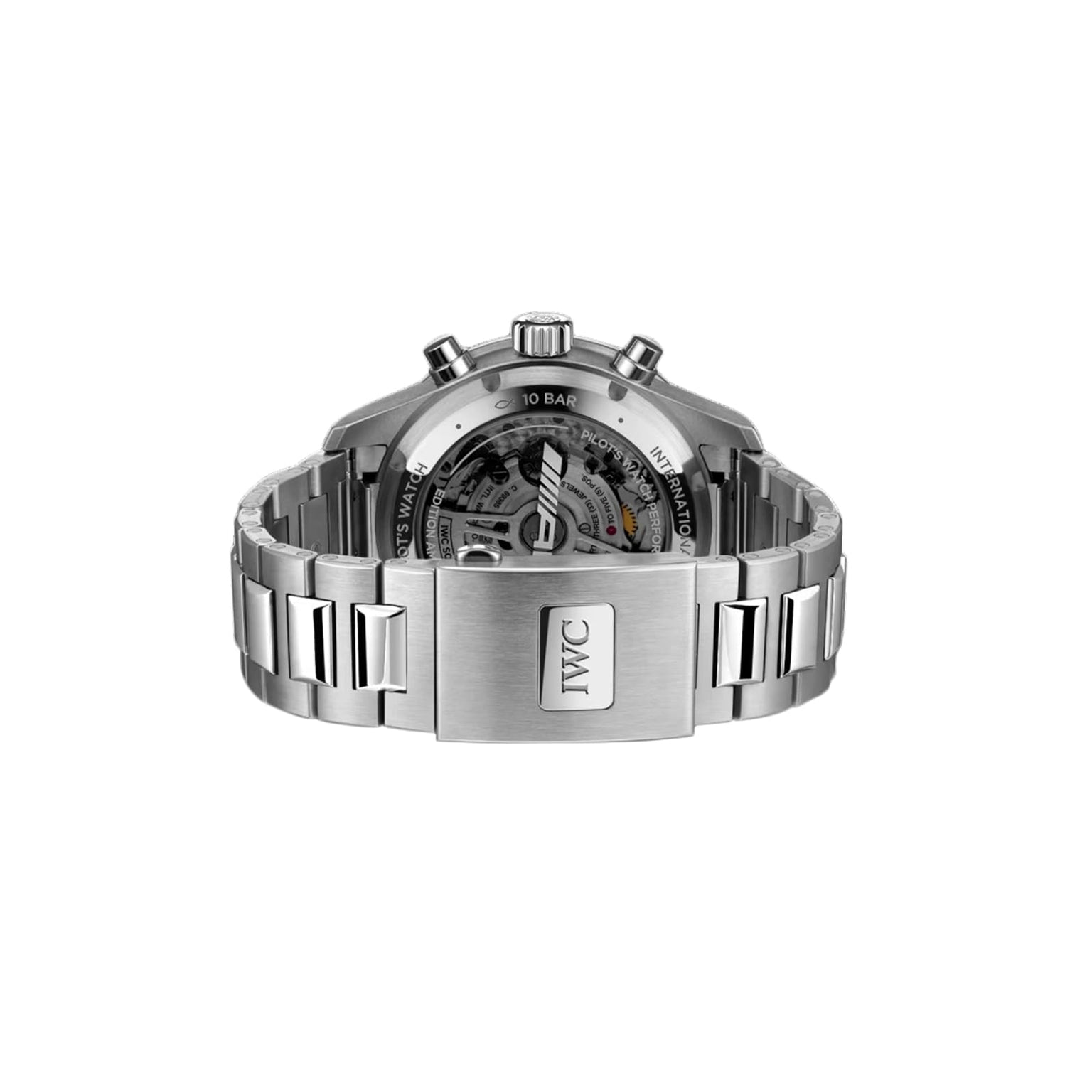 The IWC Schaffhausen Pilots Watch Performance Chronograph 41 AMG features a stainless steel case, transparent sapphire glass back revealing the movement, metal bracelet, and a clasp engraved with IWC.