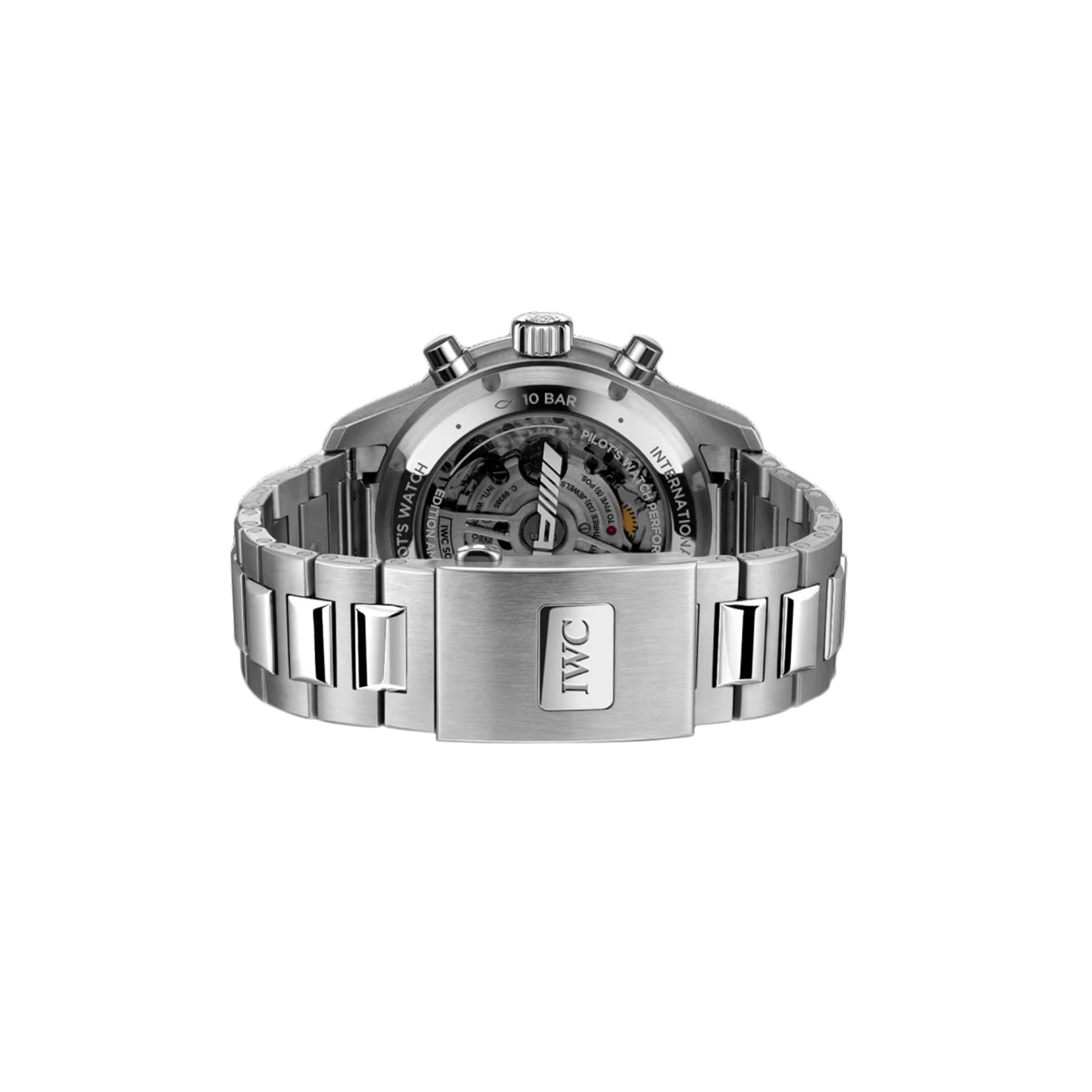 The IWC Schaffhausen Pilots Watch Performance Chronograph 41 AMG features a stainless steel case, transparent sapphire glass back revealing the movement, metal bracelet, and a clasp engraved with IWC.