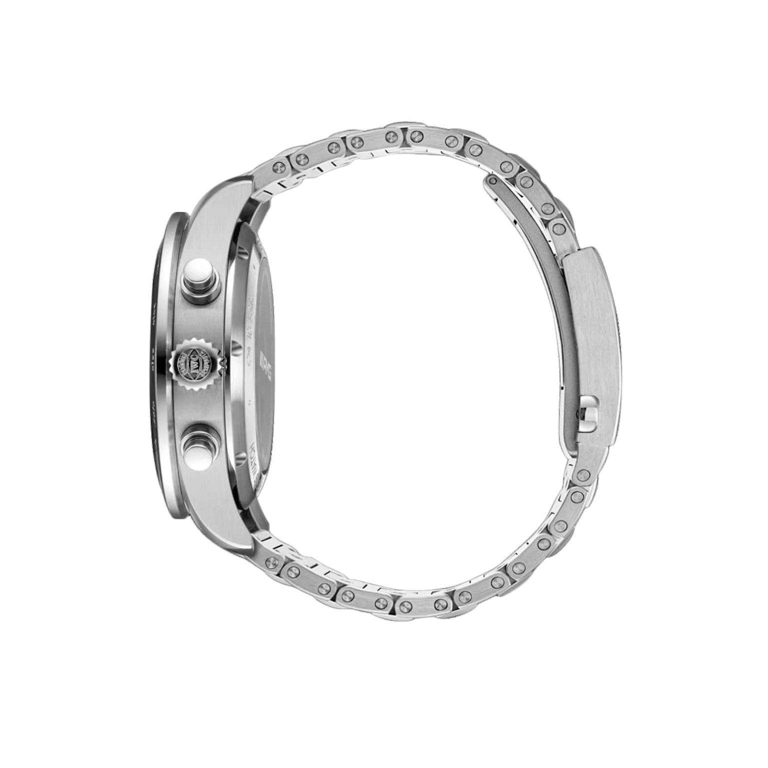 Side view of the IWC Schaffhausen Pilots Watch Performance Chronograph 41 AMG, featuring a silver metal link bracelet with deployment clasp, round titanium case, two buttons, and a crown.
