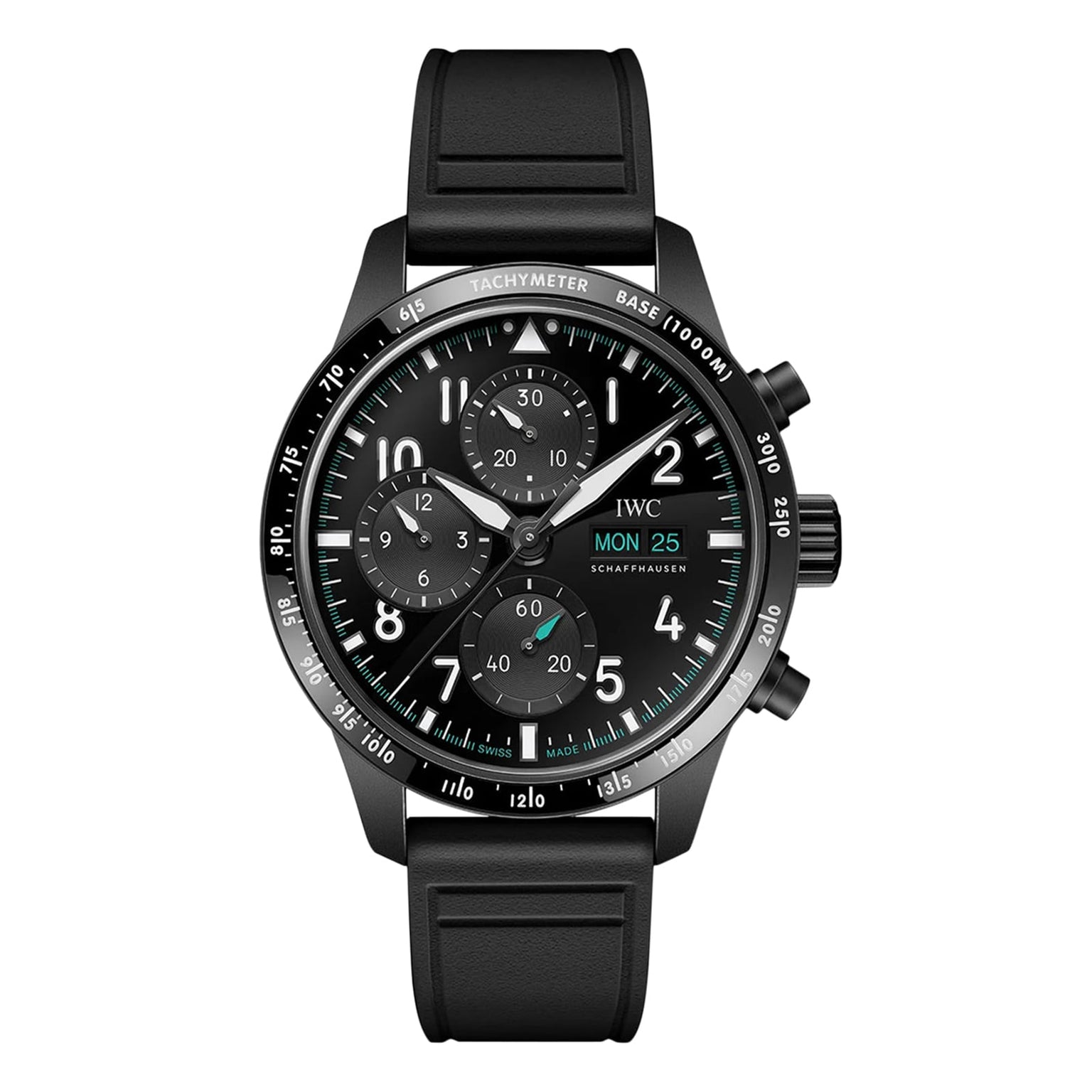 The IWC Schaffhausen Pilots Watch Performance Chronograph 41 Mercedes-AMG PETRONAS Formula One™ Team features a black Ceratanium case, three subdials, black strap, white bezel/dial markings, tachymeter scale, and day-date display.