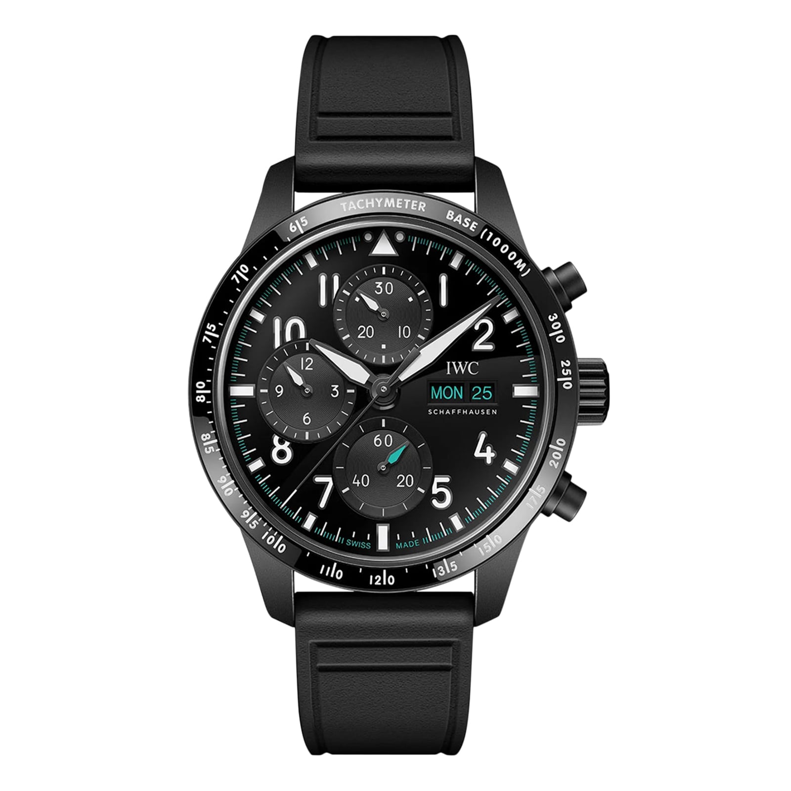 The IWC Schaffhausen Pilots Watch Performance Chronograph 41 Mercedes-AMG PETRONAS Formula One™ Team features a black Ceratanium case, three subdials, black strap, white bezel/dial markings, tachymeter scale, and day-date display.