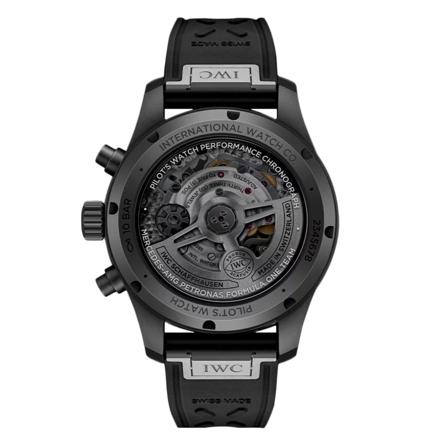 The IWC Schaffhausen Pilots Watch Performance Chronograph 41 Mercedes-AMG PETRONAS Formula One™ Team is shown from the back, displaying its mechanical movement through a transparent Ceratanium case with visible branding and engravings.