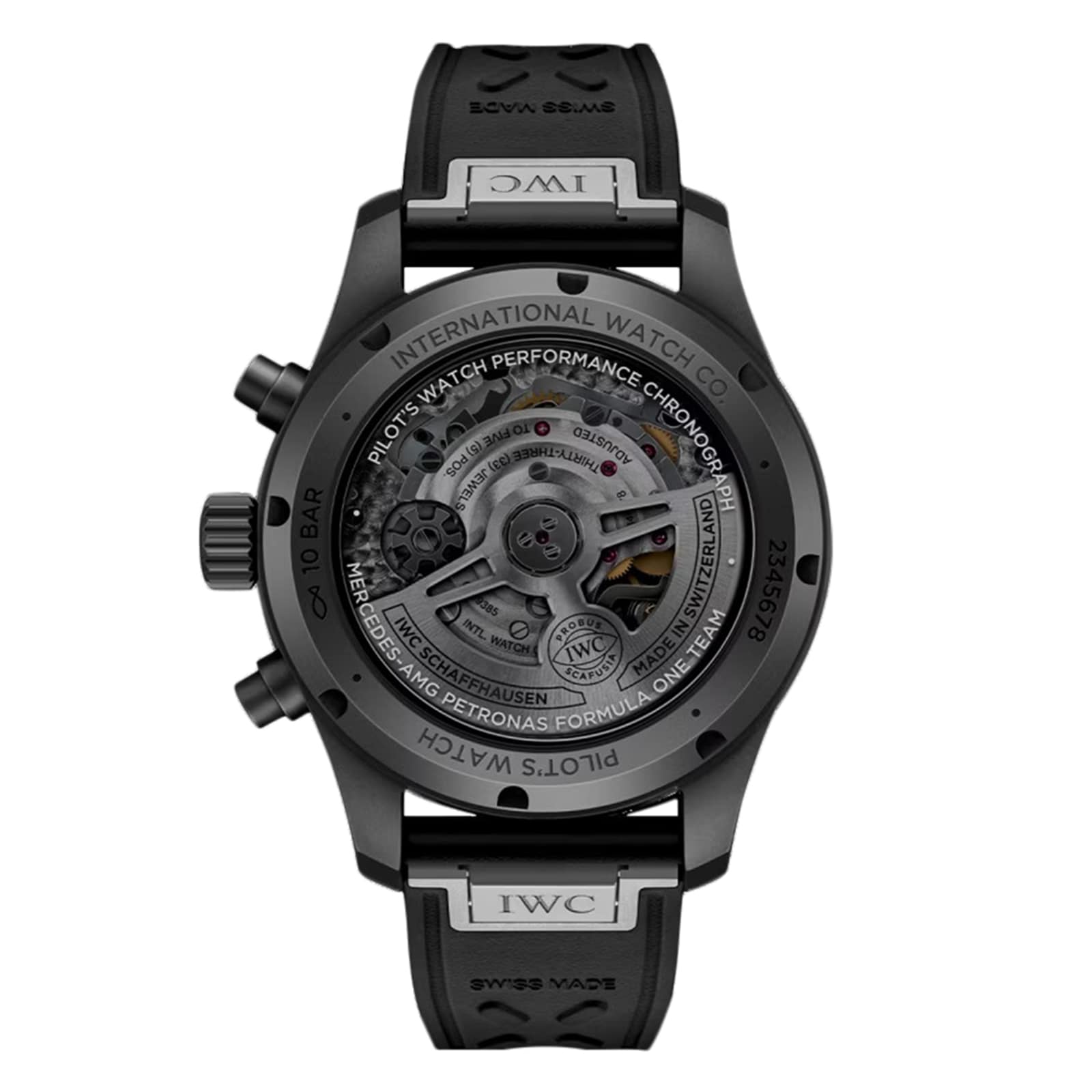 The IWC Schaffhausen Pilots Watch Performance Chronograph 41 Mercedes-AMG PETRONAS Formula One™ Team is shown from the back, displaying its mechanical movement through a transparent Ceratanium case with visible branding and engravings.