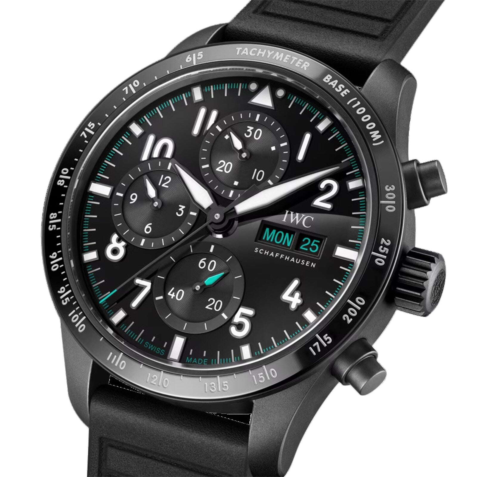 Close-up of IWC Schaffhausen’s Pilots Watch Performance Chronograph 41 Mercedes-AMG PETRONAS Formula One™ Team with a black dial, Ceratanium case, three subdials, tachymeter scale, day-date display, luminous accents, and black rubber strap.