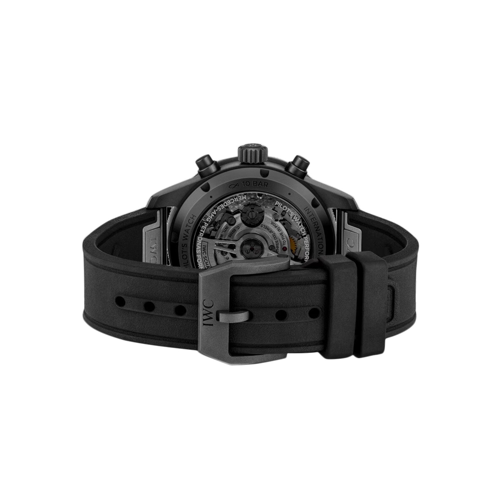 Back view of the IWC Schaffhausen Pilots Watch Performance Chronograph 41 Mercedes-AMG PETRONAS Formula One™ Team, featuring a black rubber strap and buckle engraved with IWC, transparent Ceratanium case revealing internal mechanics.