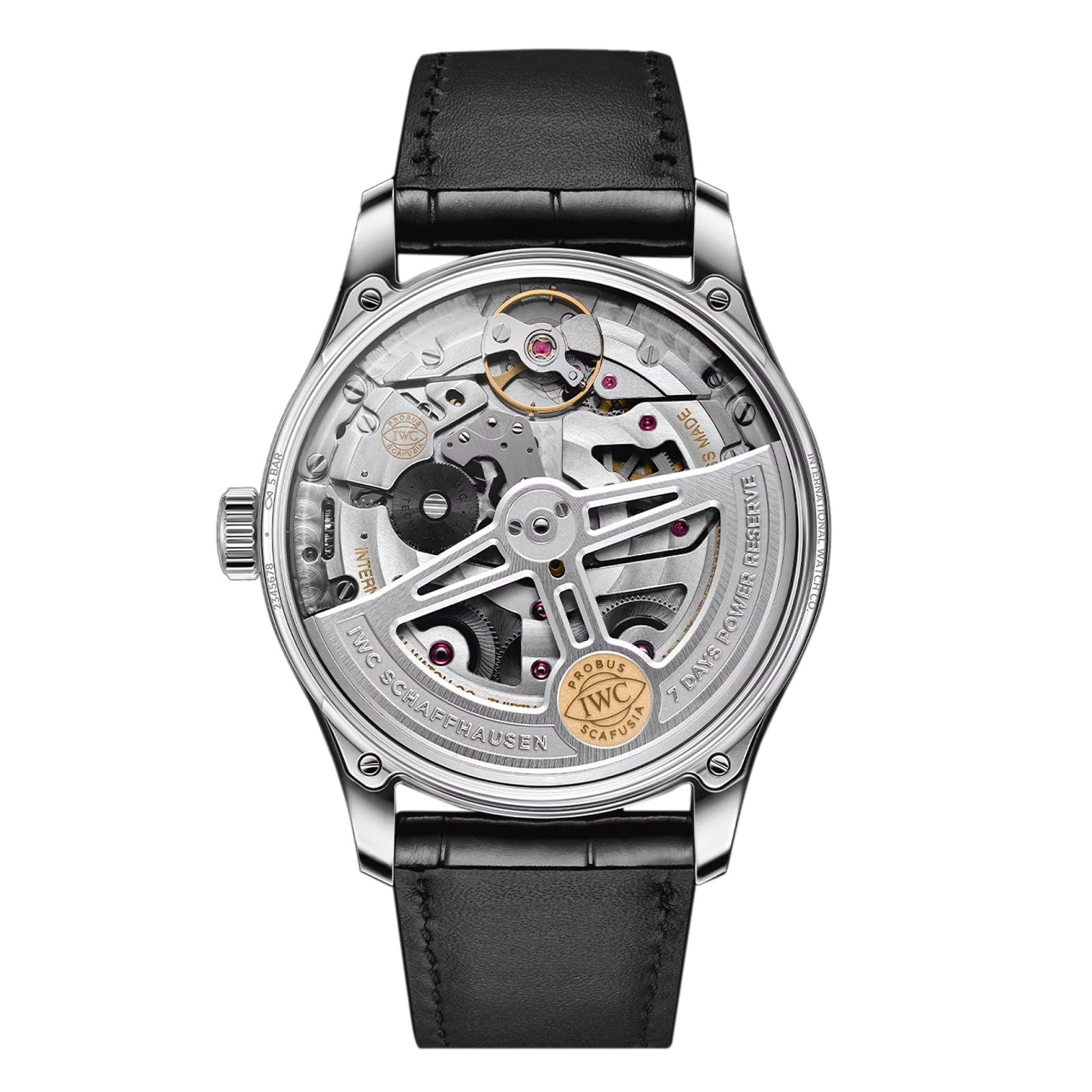 A close-up of the IWC Schaffhausen Portugieser Automatic 42 shows its stainless steel case, black leather strap, and exposed intricate movement featuring the in-house 52011 calibre.